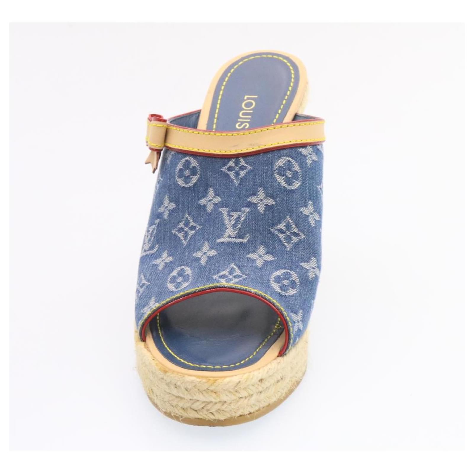 Louis Vuitton Blue Leather And Monogram Denim Wedge Ocean Sandals