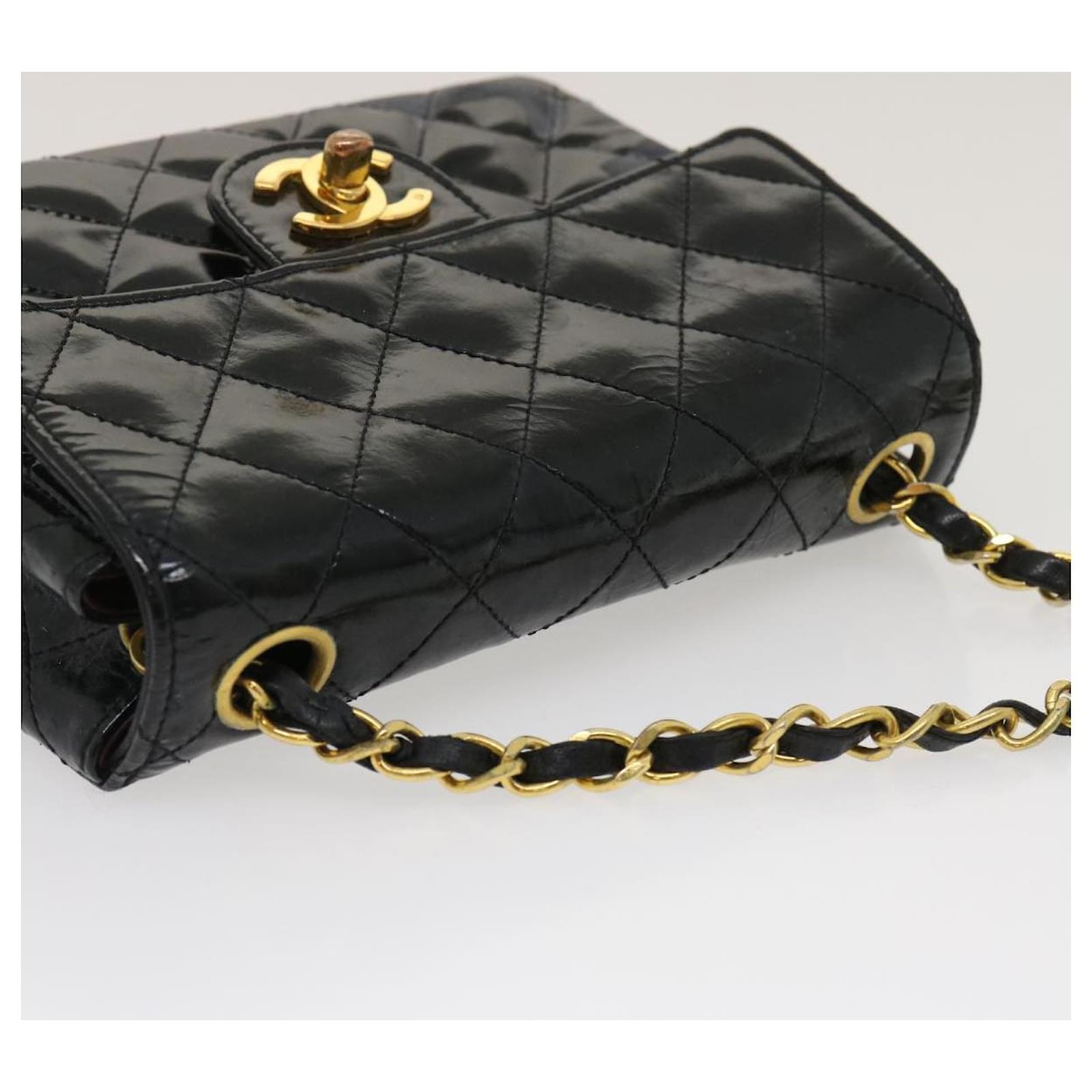 CHANEL Mini Matelasse Chain Flap Shoulder Bag Enamel Black Gold CC Auth  ar6839a