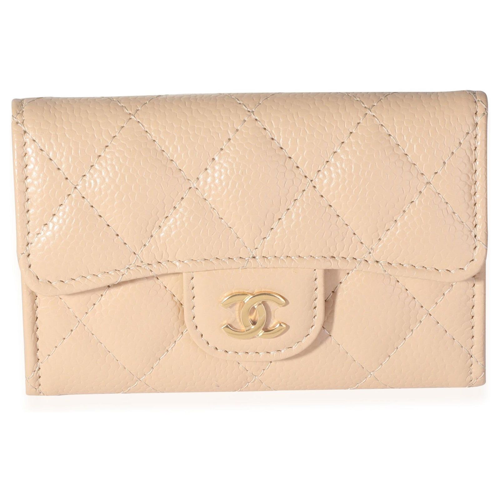 Chanel Beige Quilted Caviar Flap Card Holder Wallet Flesh Leather ref ...