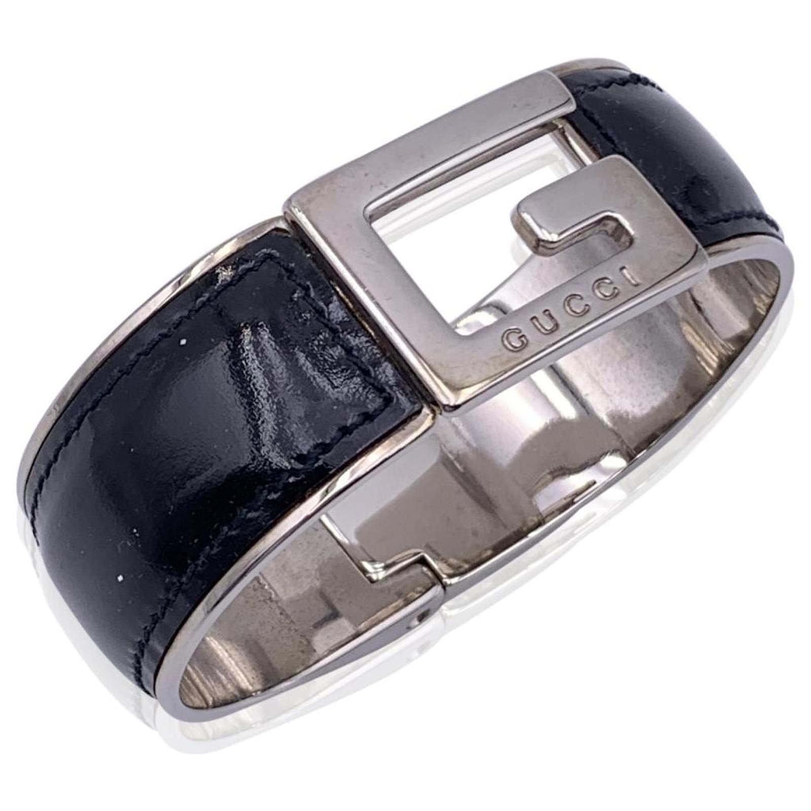 Gucci Stainless Steel Black Patent Leather G Logo Bracelet