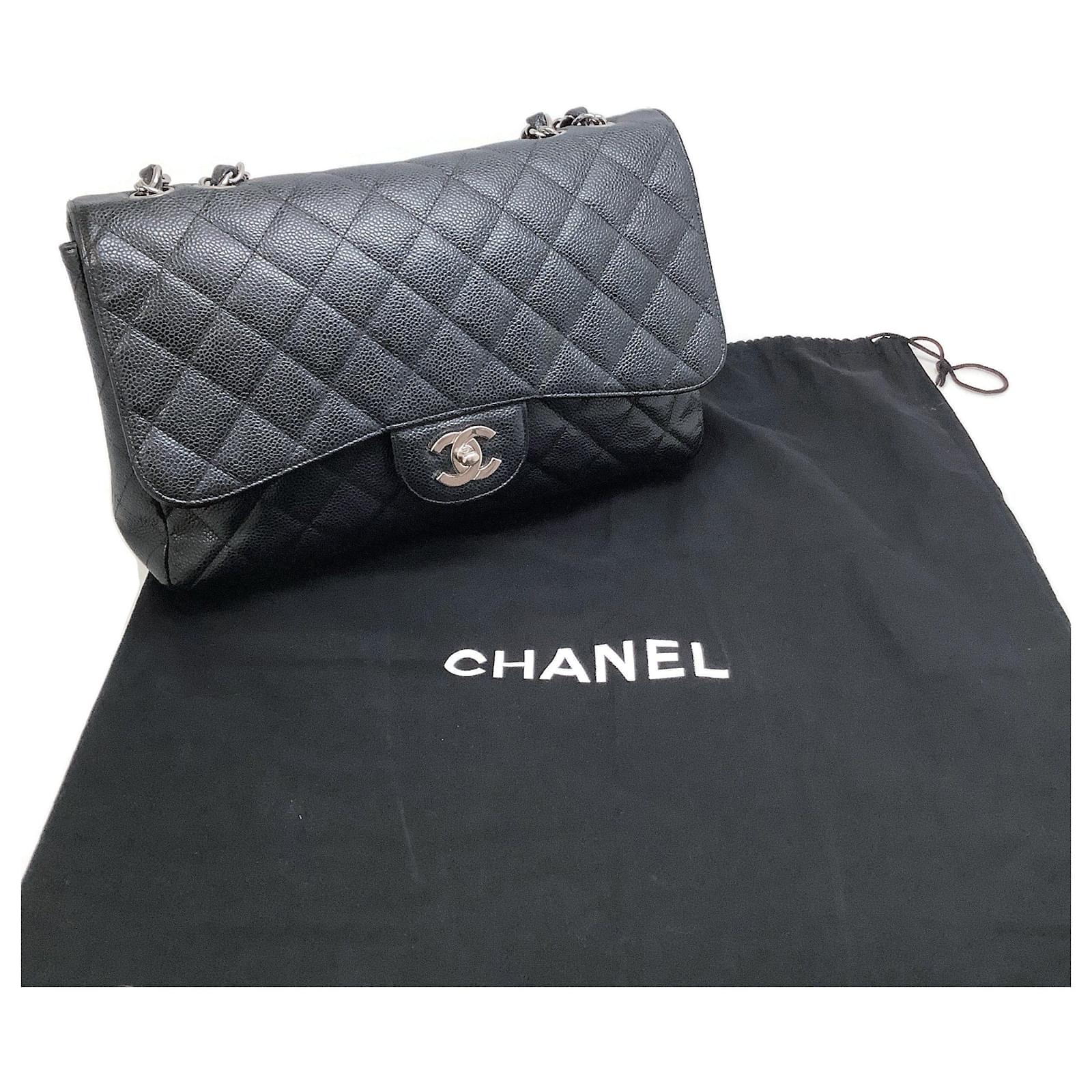 Chanel Handbag 2006-2008 Classic Caviar Jumbo Flap Black Leather