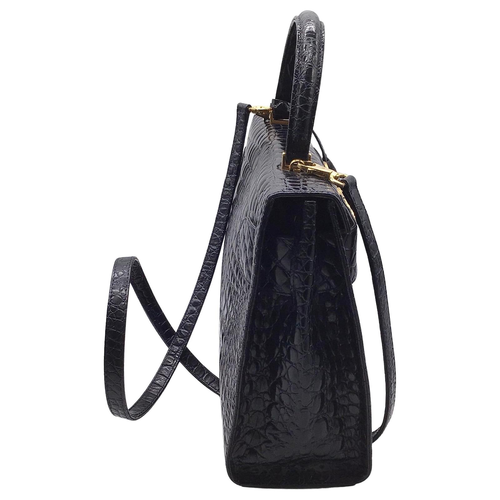 Versace Vintage 80's Croc Embossed Black Leather Satchel ref.937961 - Joli  Closet