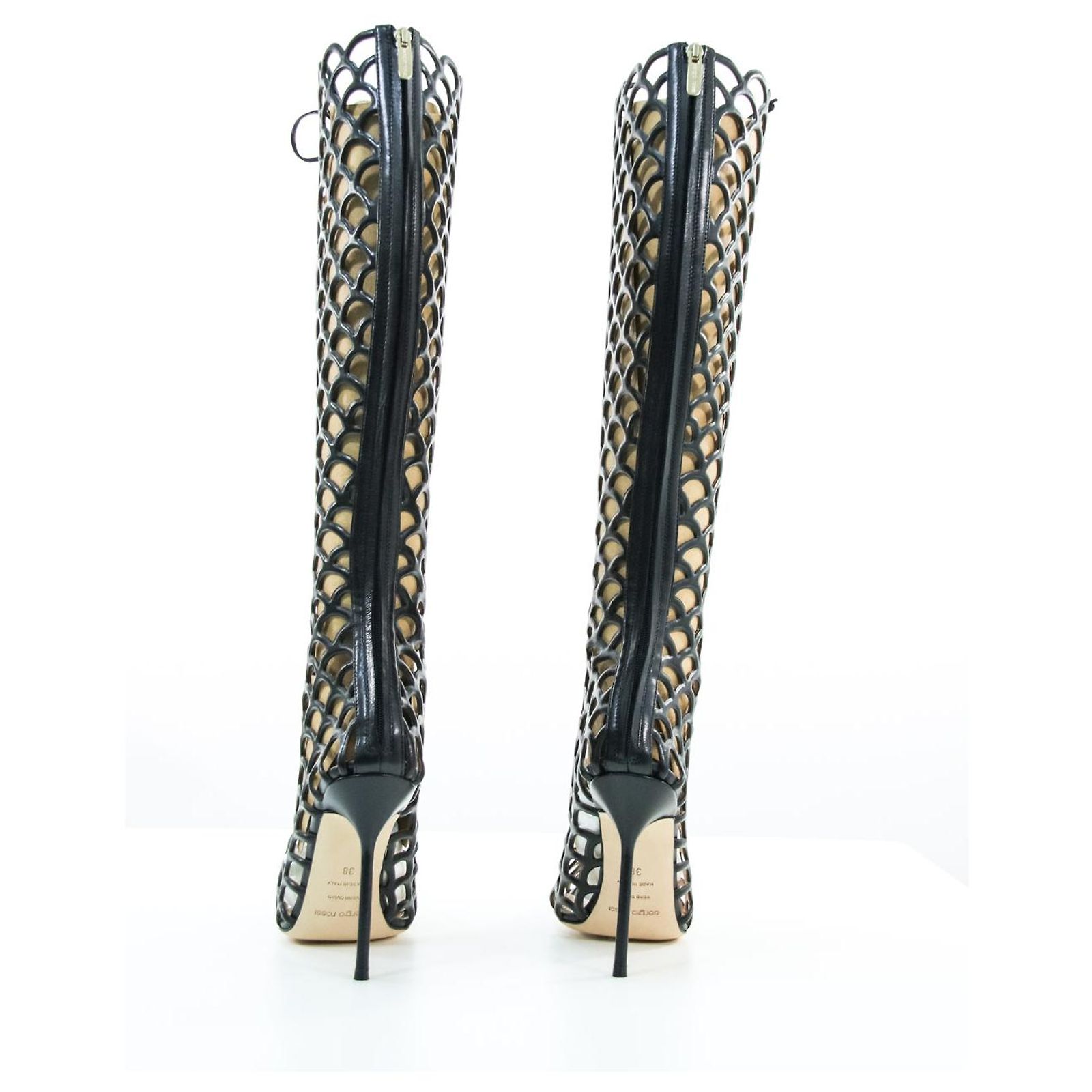 Bottes Cuir Noir Sergio Rossi à Talons Hauts Pointus Cloutés - Taille 38 - Occasion Excellent état