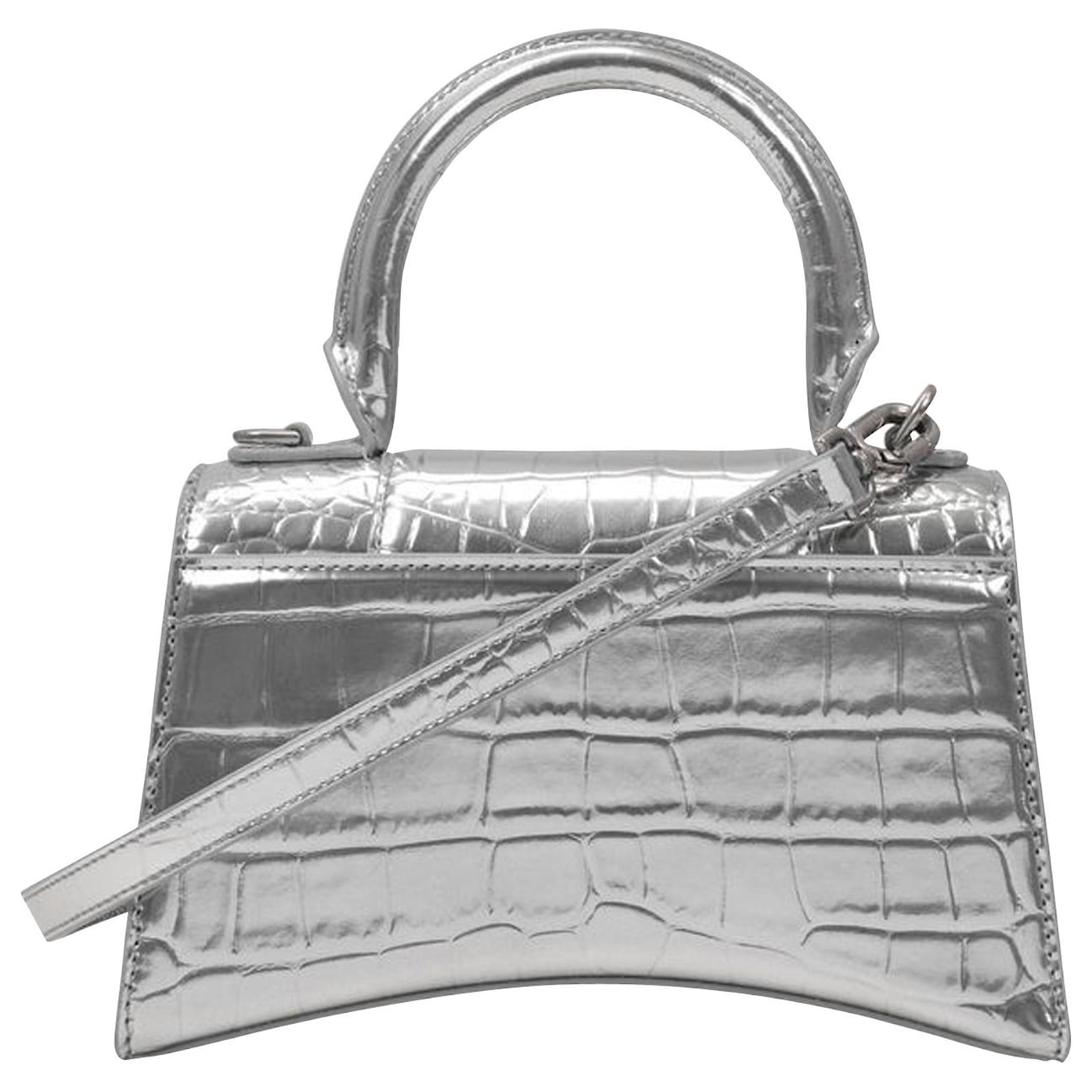 Balenciaga Hourglass Small Metallic Silver Satchel Bag Designer Italian