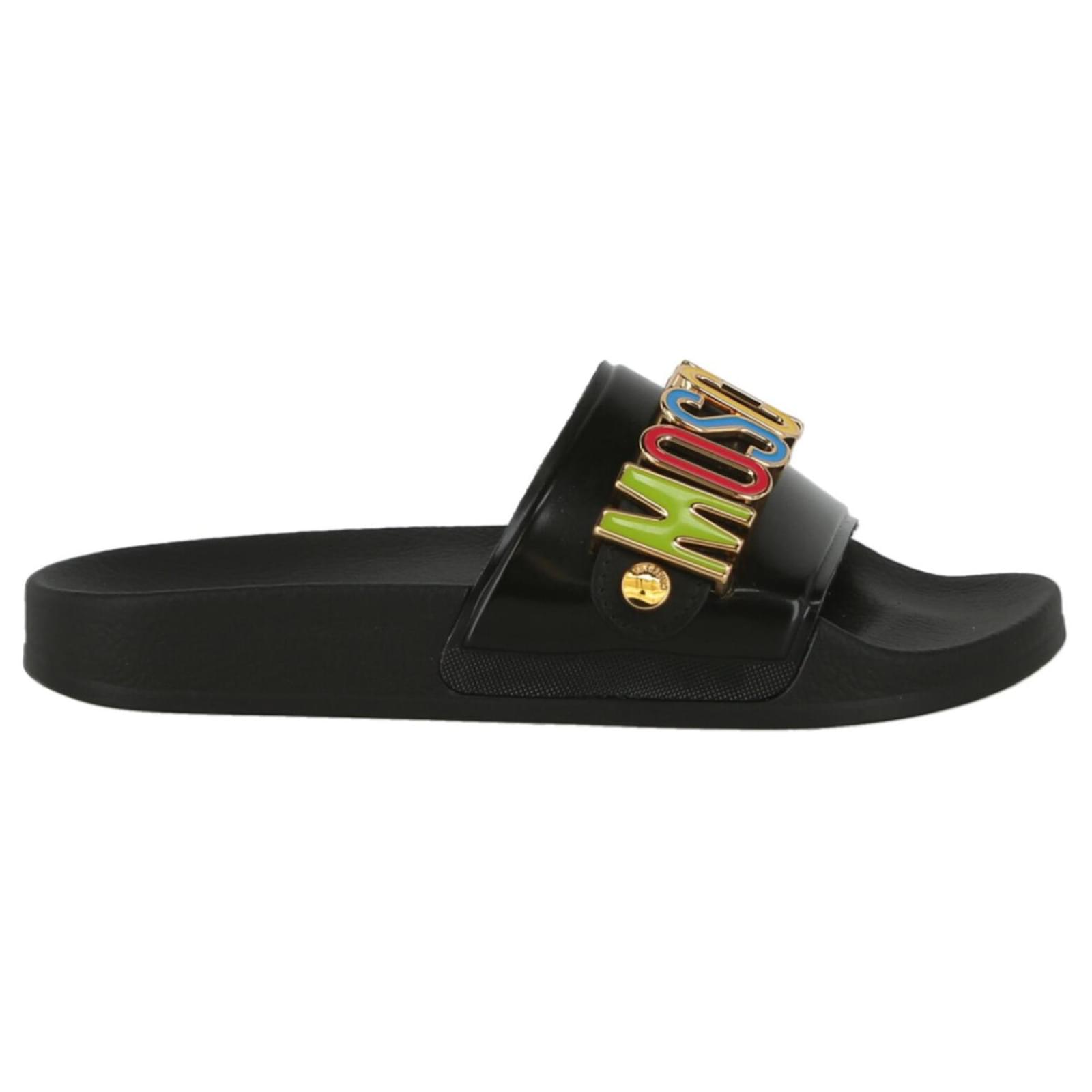 Moschino MultiColor Logo Pool Slides Black ref.651130 Joli Closet
