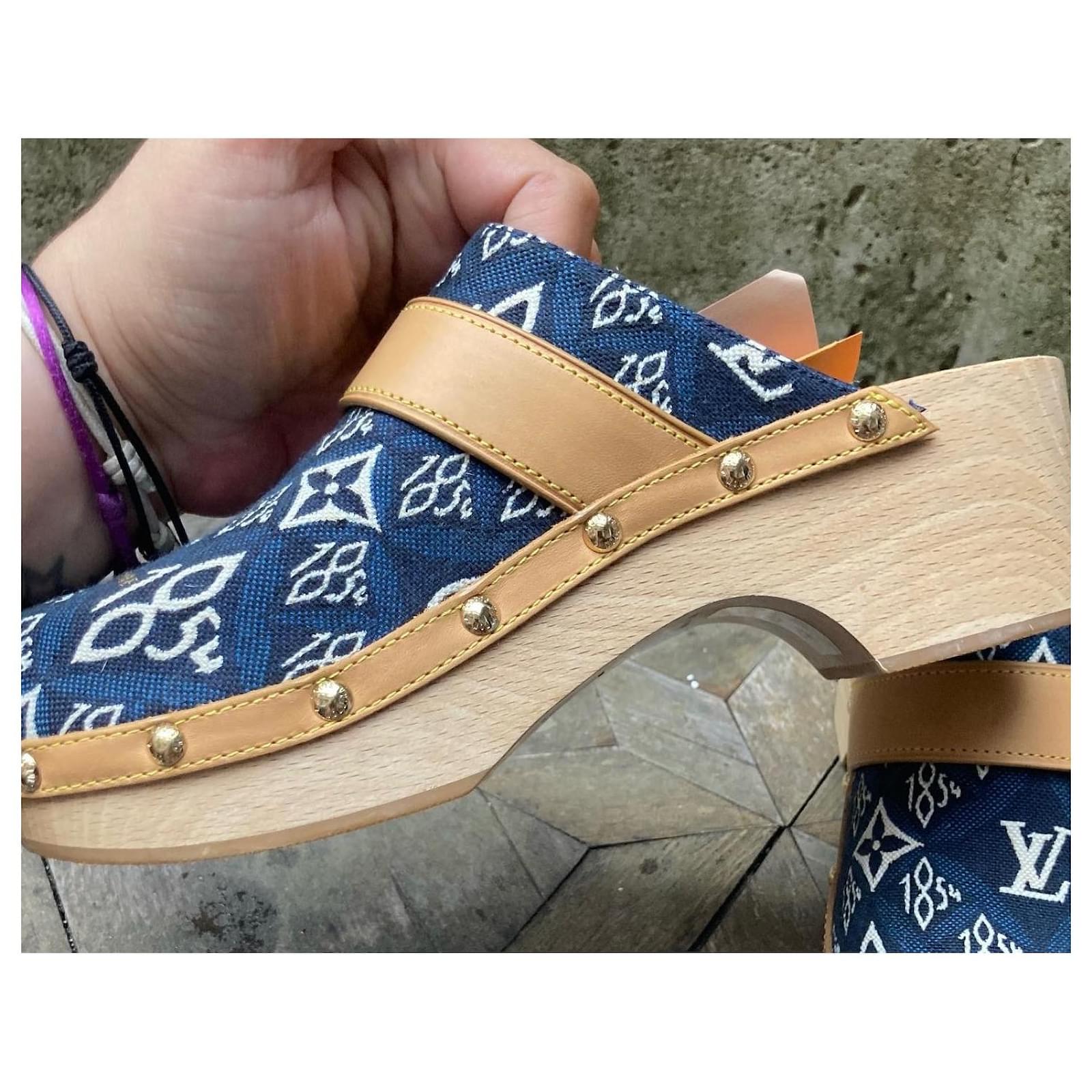 Louis Vuitton Women's Blue Denim Monogram Wooden Heel Mules For