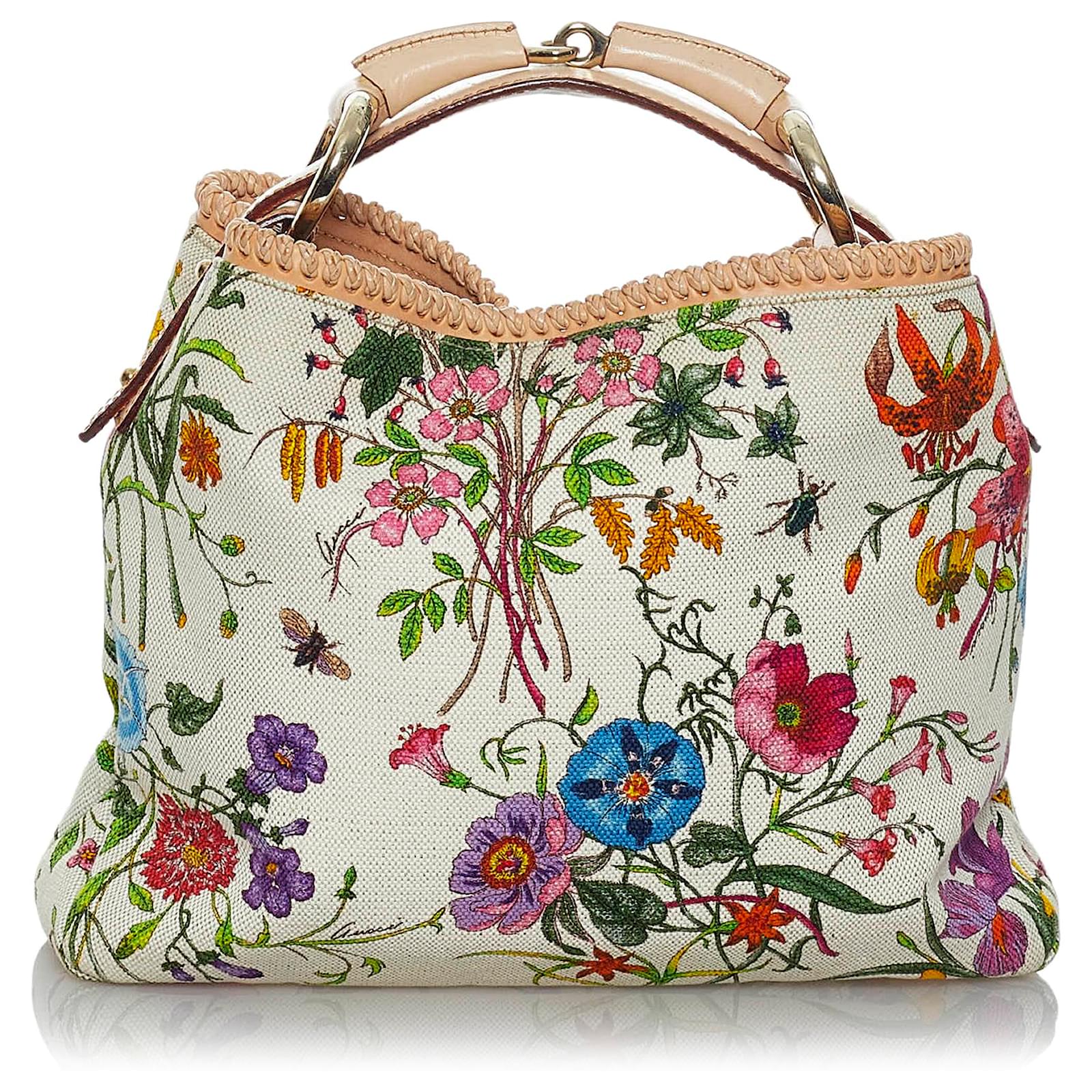Gucci White Flora Horsebit Hobo Canvas Handbag Cloth Cloth ref