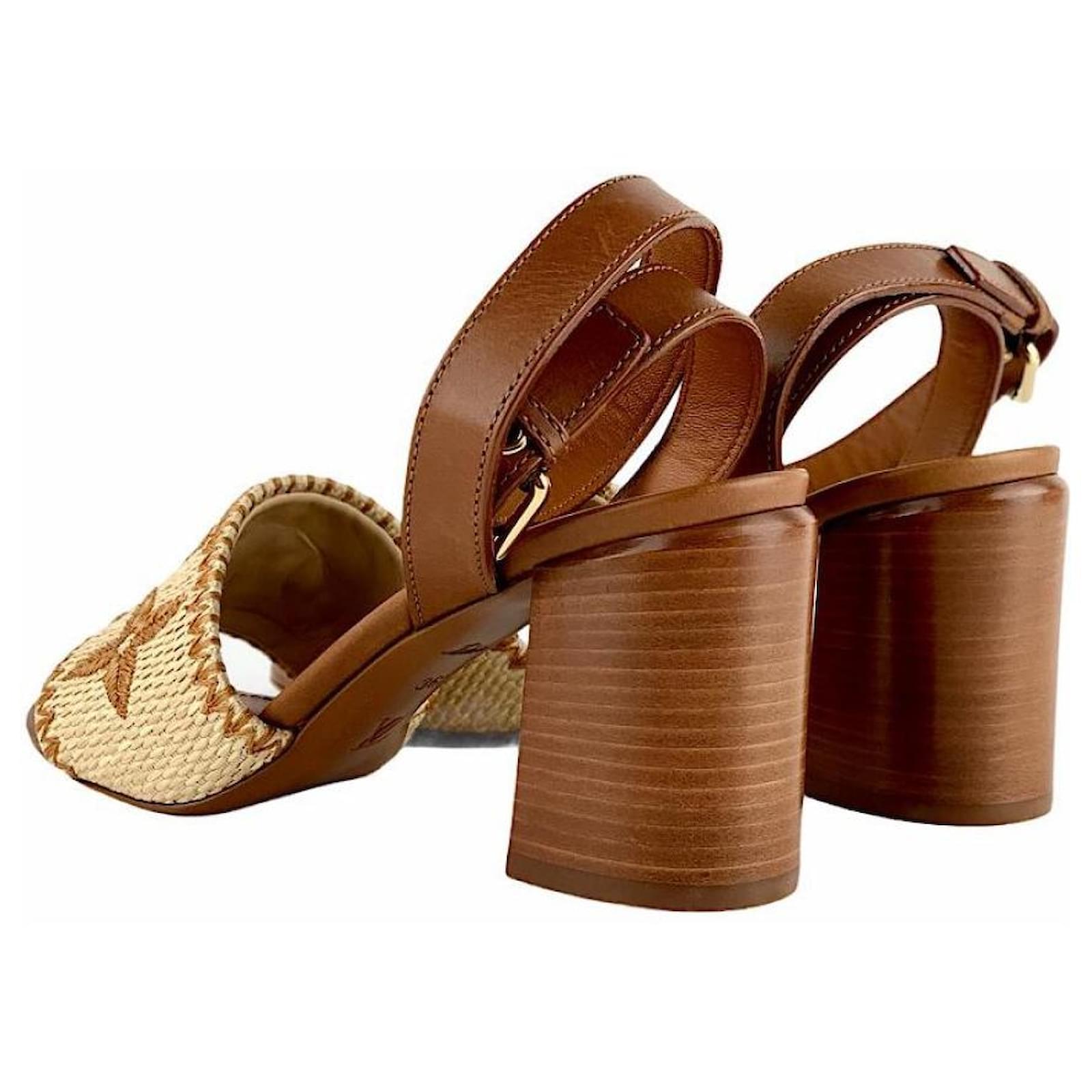 Vuitton Sienna Line Raffia Heel Sandals Brown Louis Vuitton Patent