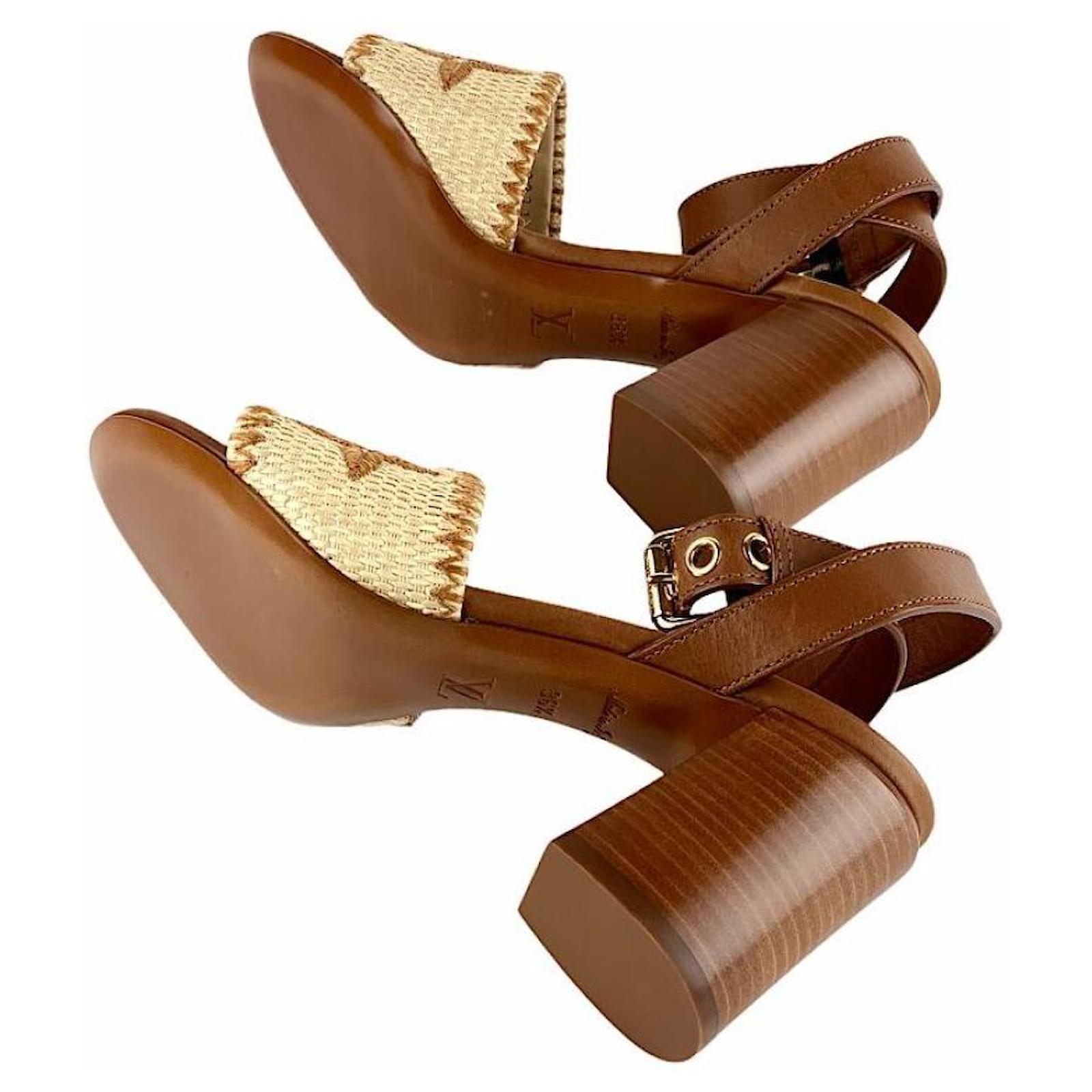 Louis Vuitton Sienna Line Raffia Heeled Sandals Brown with Box