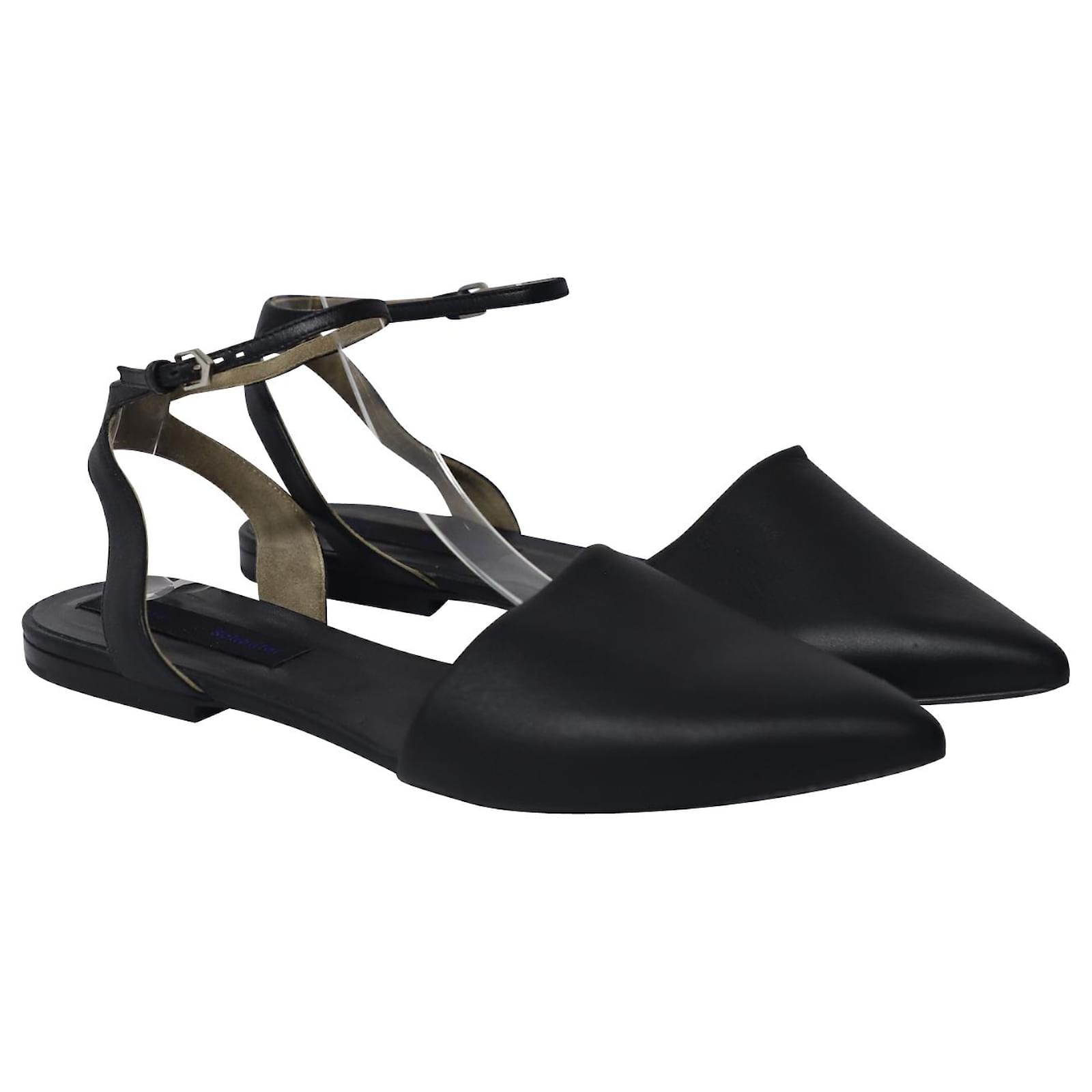 Proenza Schouler Pointed Ankle Strap Flat Sandals in Black Leather