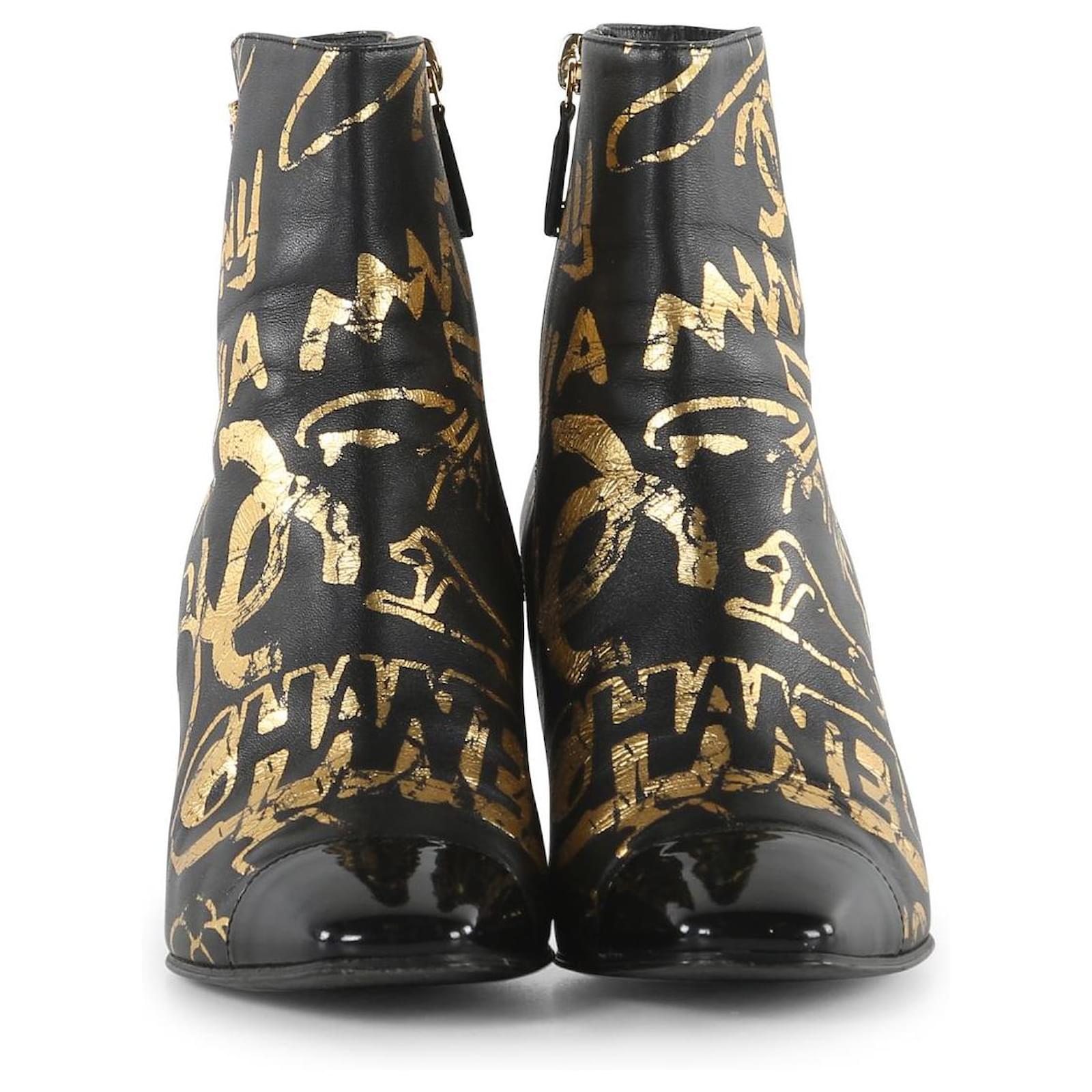 Chanel Black and Metallic Gold Leather Graffiti Ankle Booties