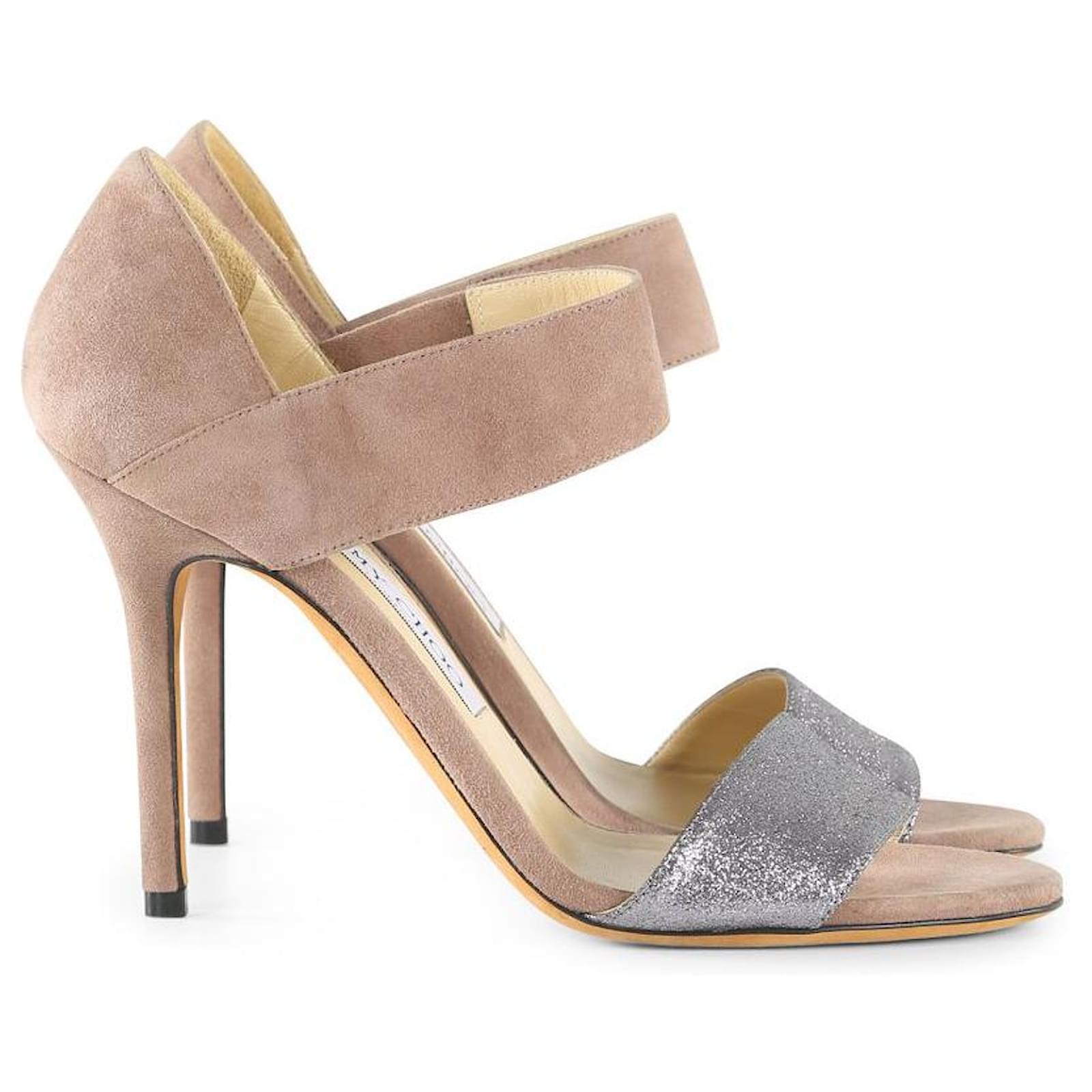 Jimmy Choo Beige Suede & Silver Glitter Tesoro Strap Sandals ref