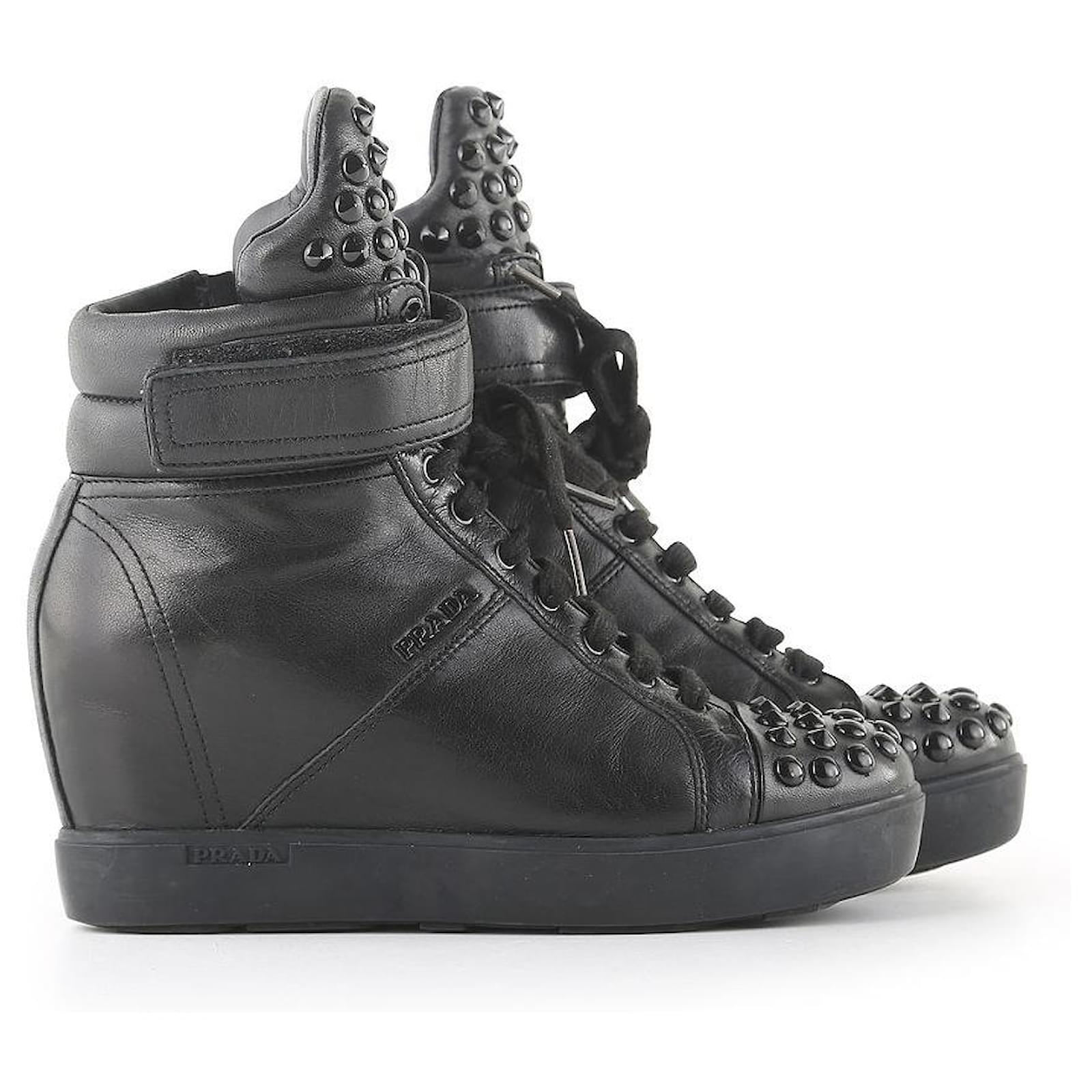 Prada Black Leather High Top Wedge Sneakers  - Joli Closet