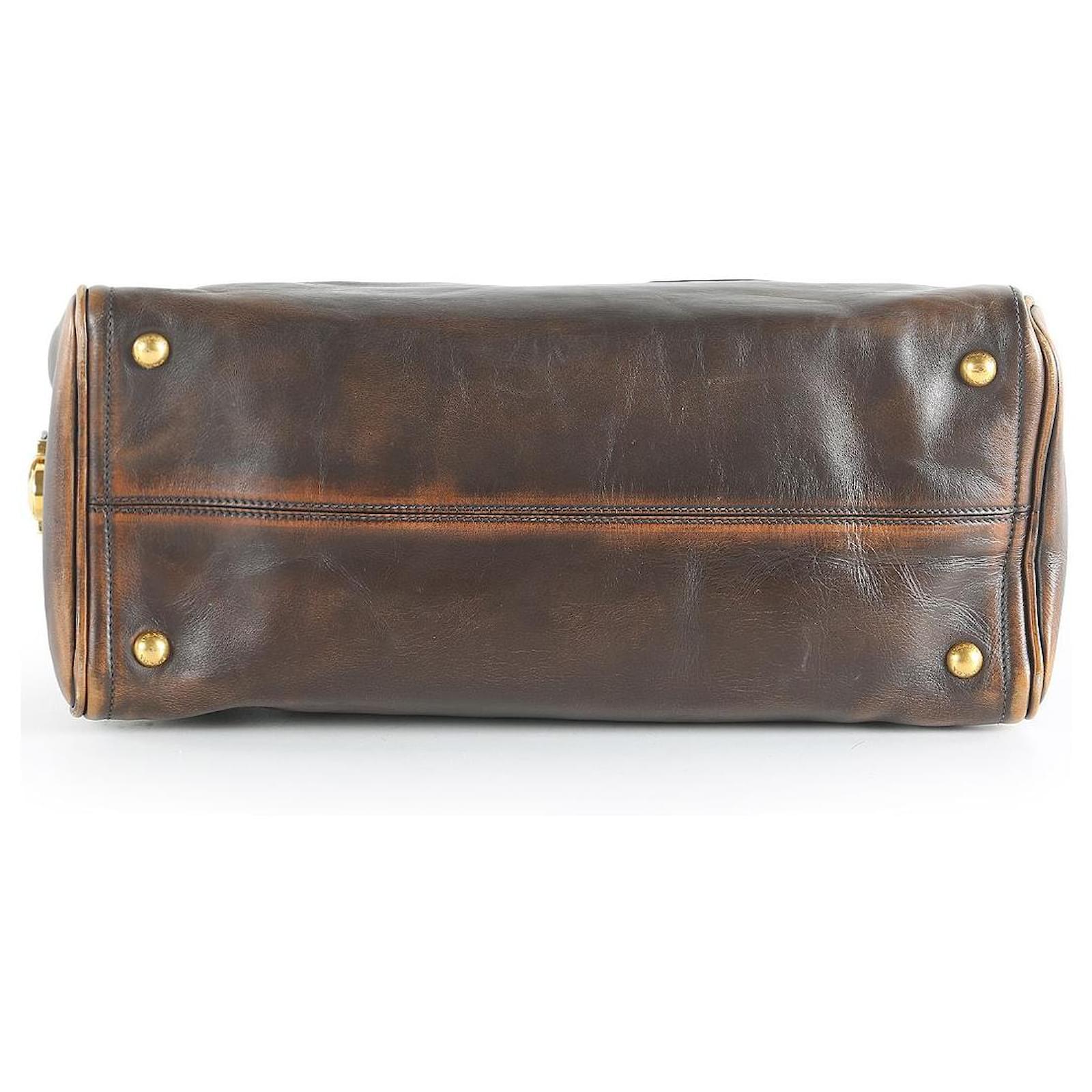 Prada Brown Leather Vintage Vitello Bowler Handle Bag Pony-style