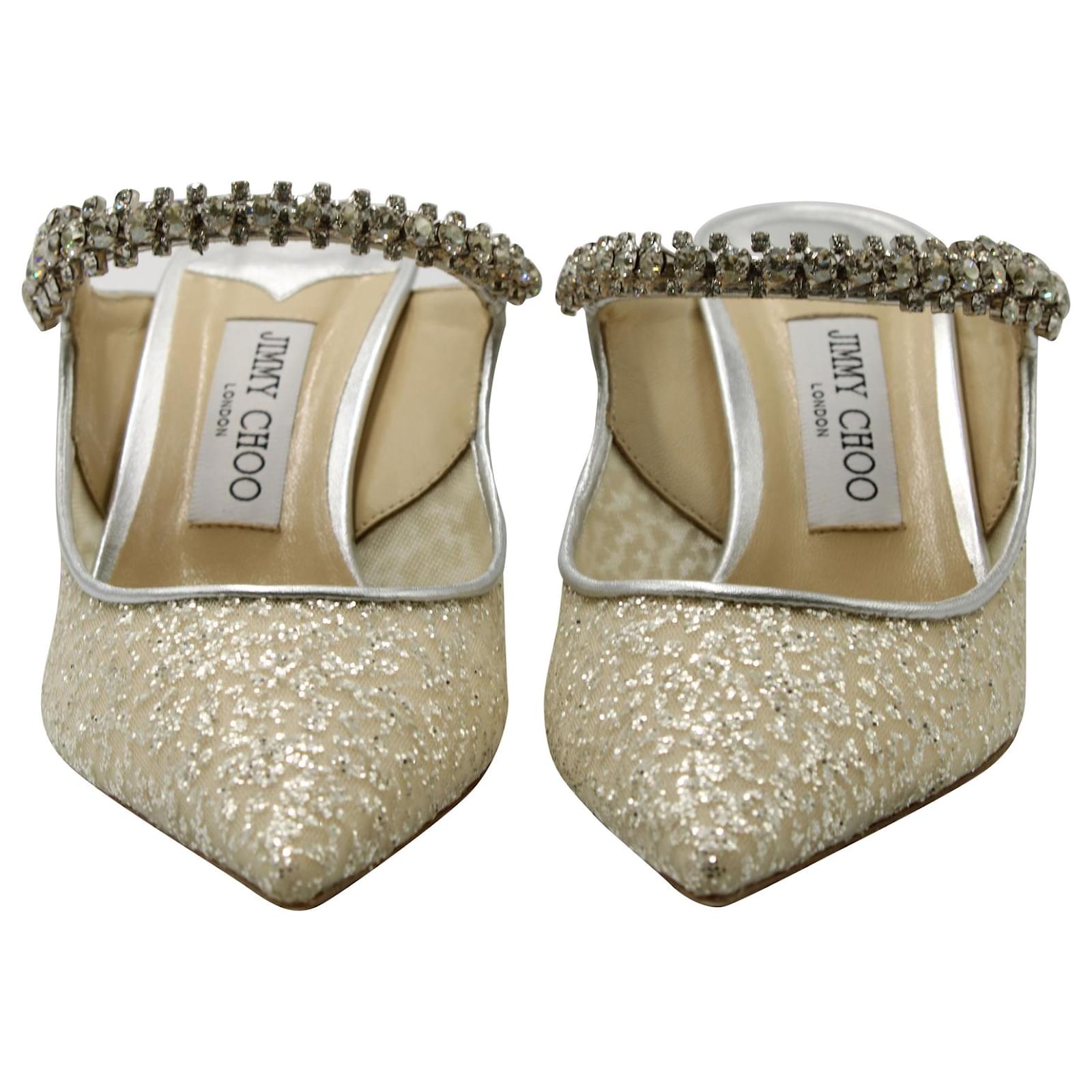 Jimmy Choo Bing 100 Glitter Tulle with Crystal Strap Mules in