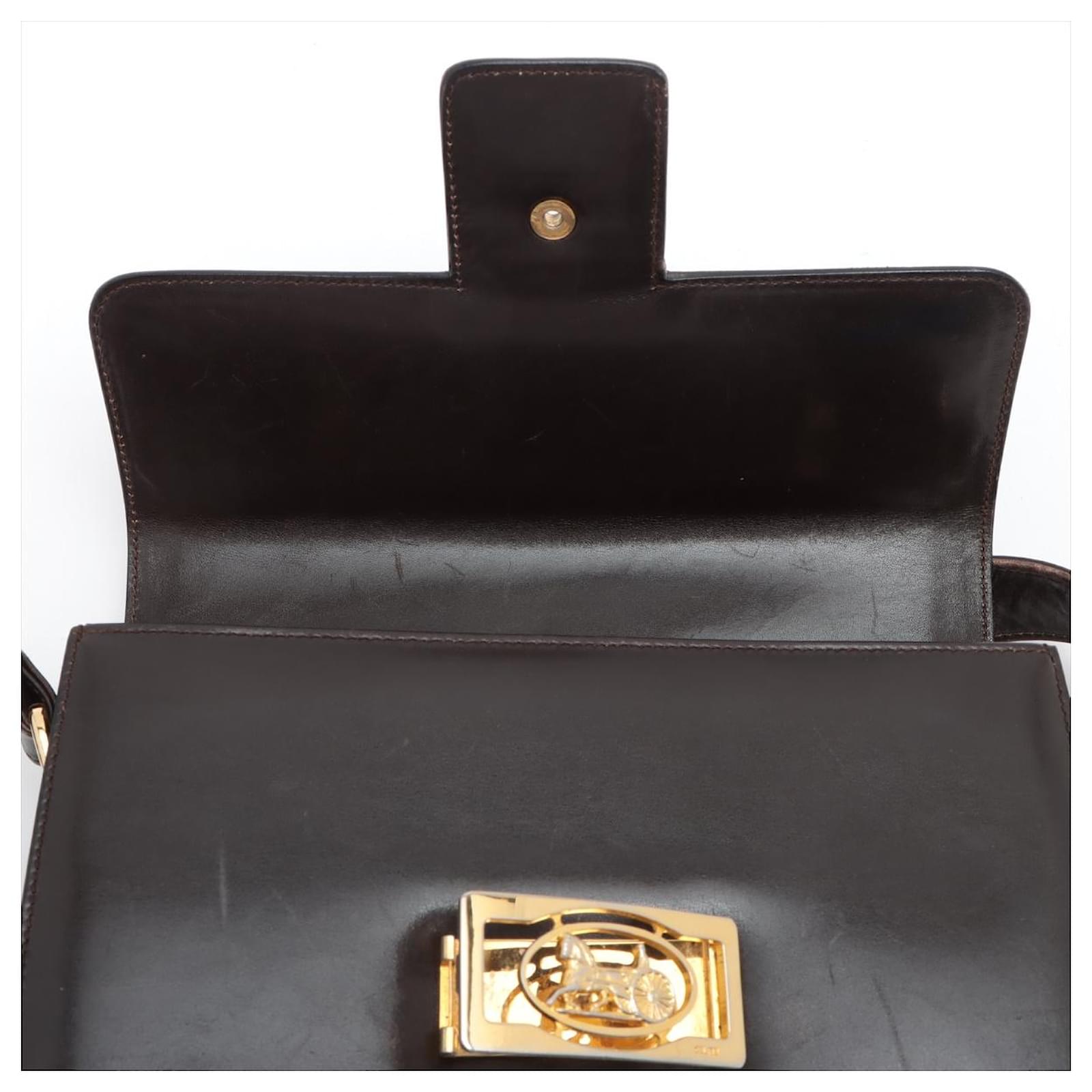 CELINE leather Vintage Horse-Drawn Metal 2-Way Carriage Handbag black