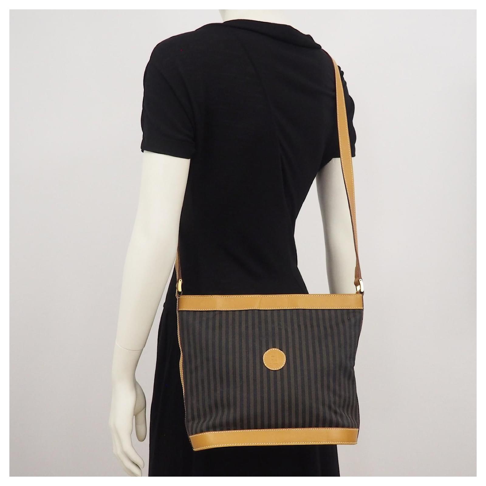 Fendi vintage Pequin stripe bucket shoulder bag Brown Black Bronze Leather  Cloth ref.658740 - Joli Closet