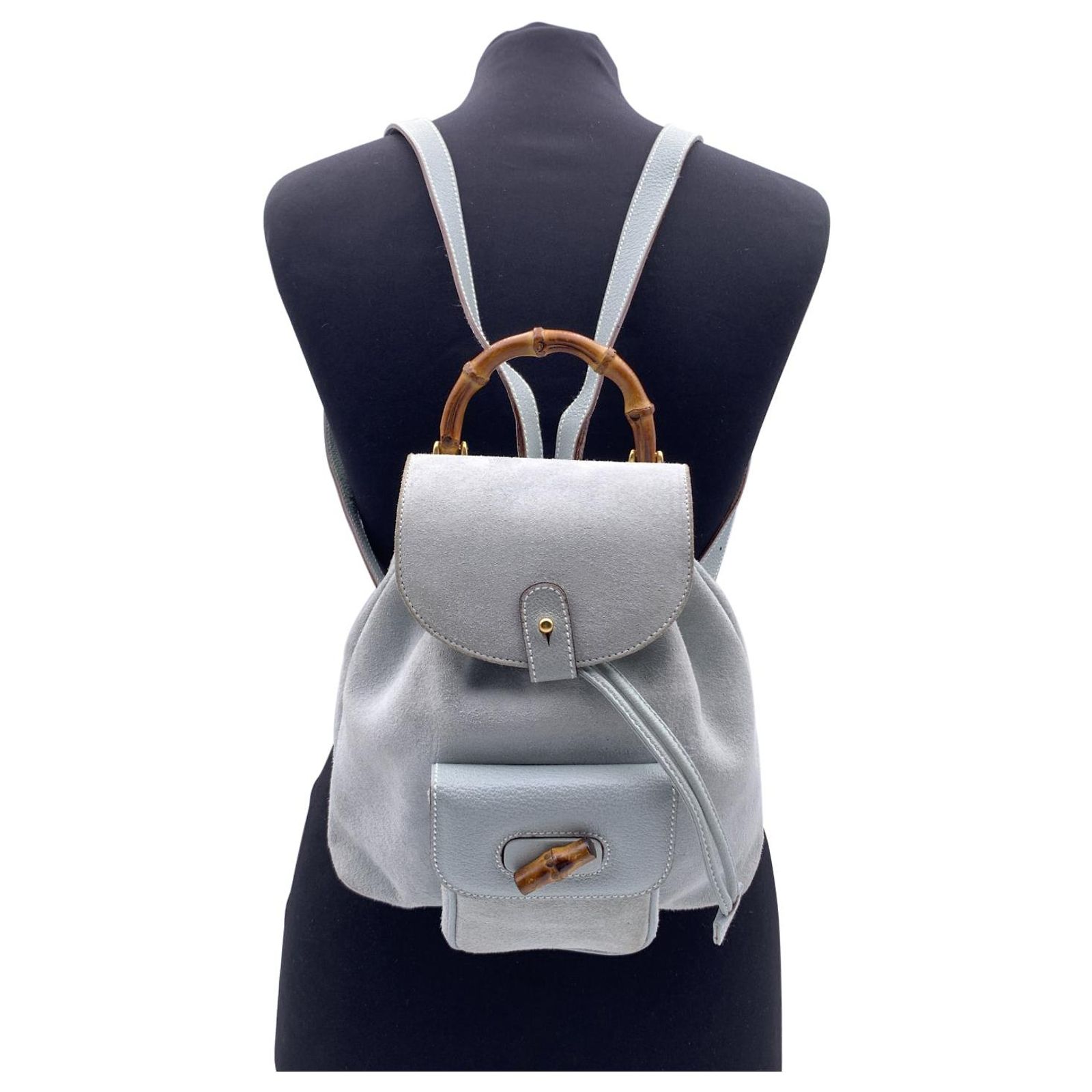 Gucci Blue Suede and Letter Bamboo Backpack Gucci Vintage Bamboo/Leather & Suede Backpack in Navy Blue  main image 2