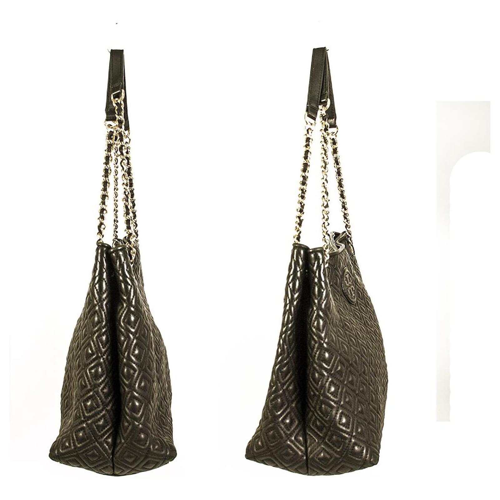 Tory Burch Marion Black Diamond Quilted Leather Chain Strap Tote Bag Handbag   - Joli Closet