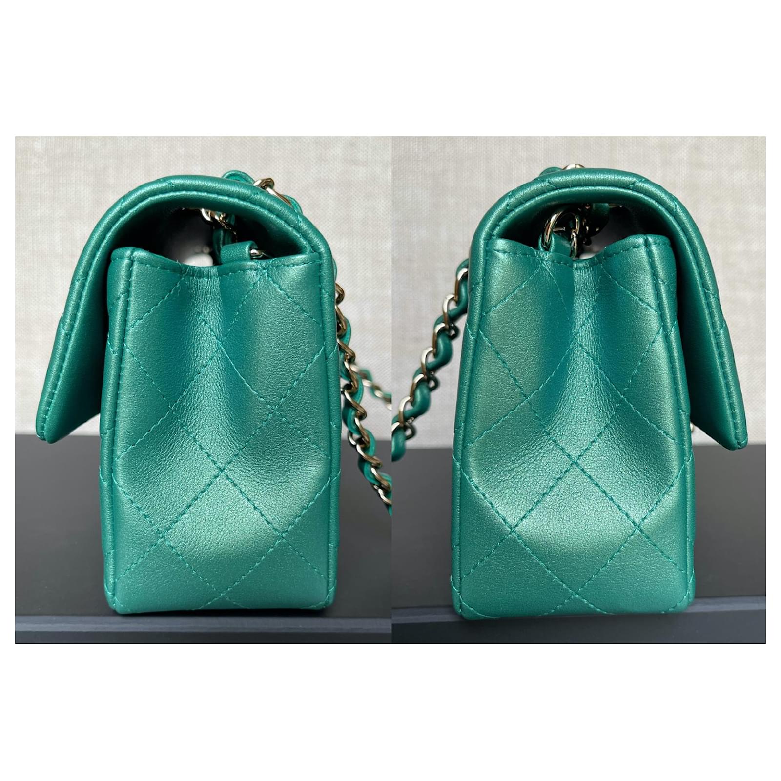 Chanel Green Iridescent Quilted Lambskin Rectangular Mini Flap Bag