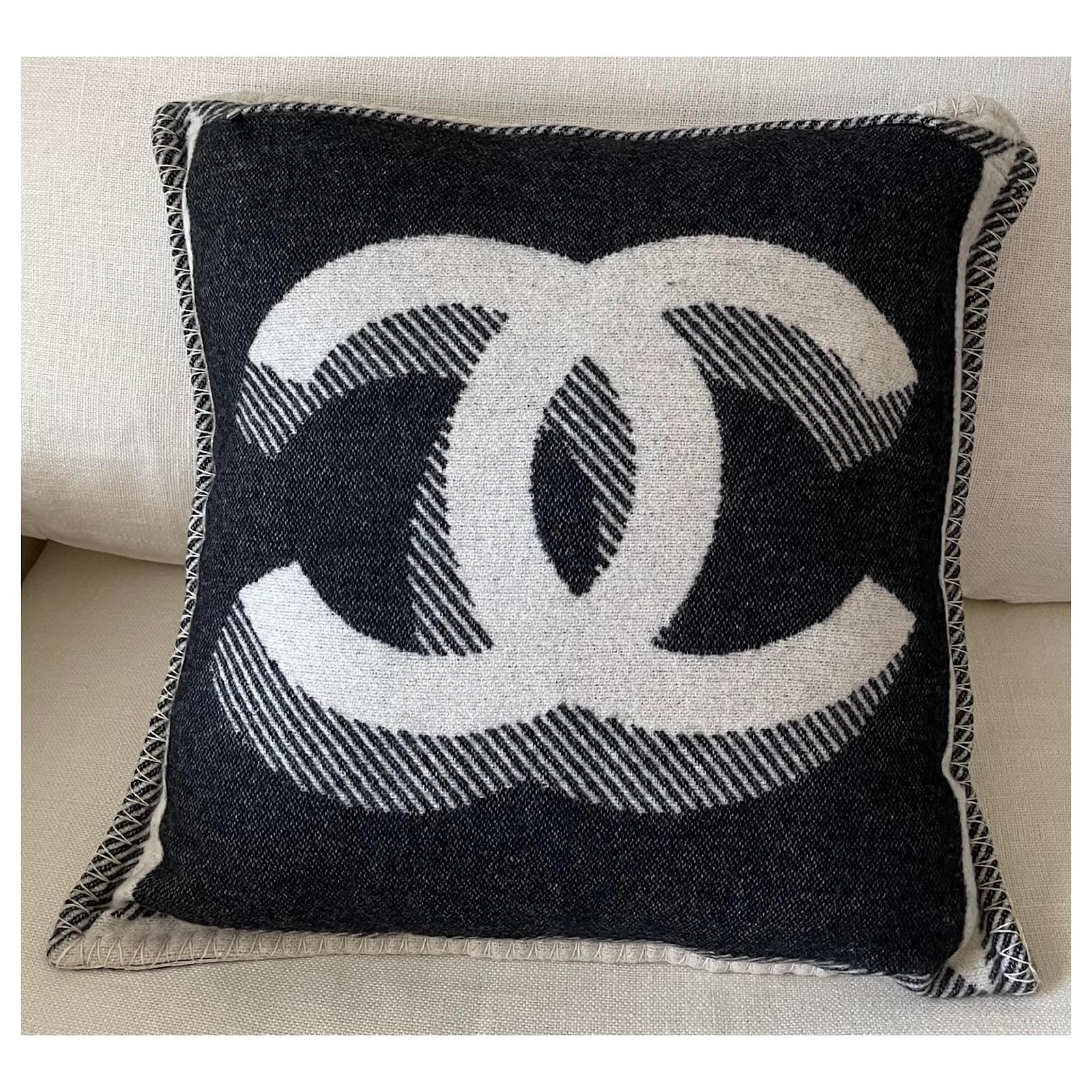 Chanel Black Beige Large CC Wool Cashmere Square Pillow Multiple