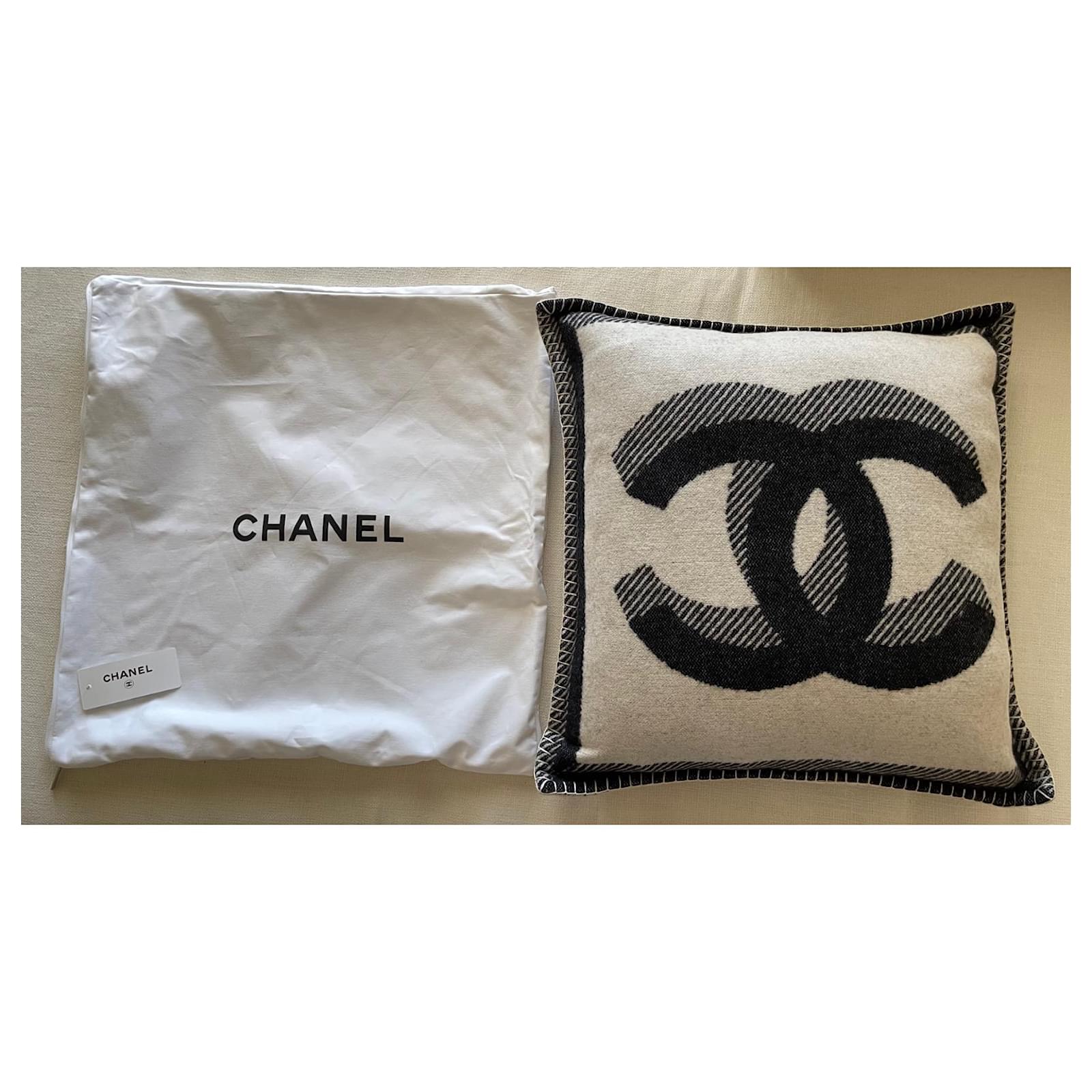 Chanel Black Beige Large CC Wool Cashmere Square Pillow Multiple