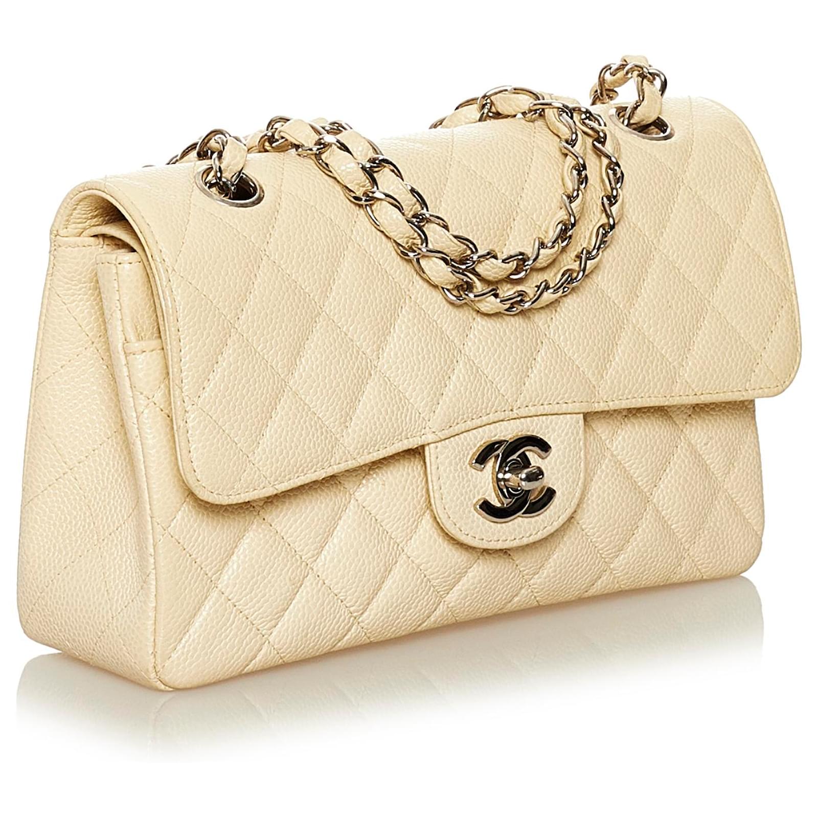 Chanel Yellow Small Classic Caviar Leather Double Flap Bag Beige