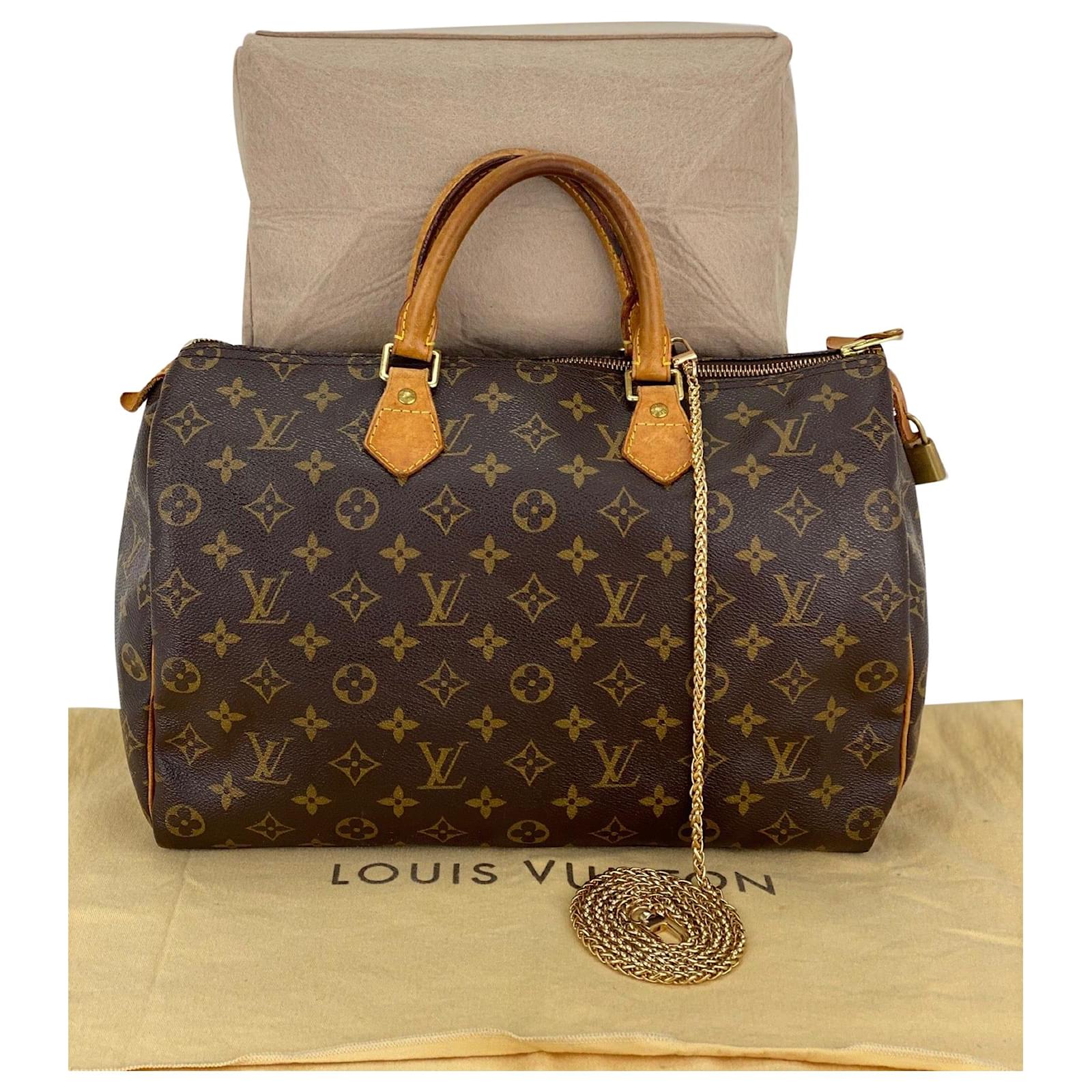 Louis Vuitton Monogram Canvas Speedy 35 Shoulder Bag Added Insert & Chain  A907