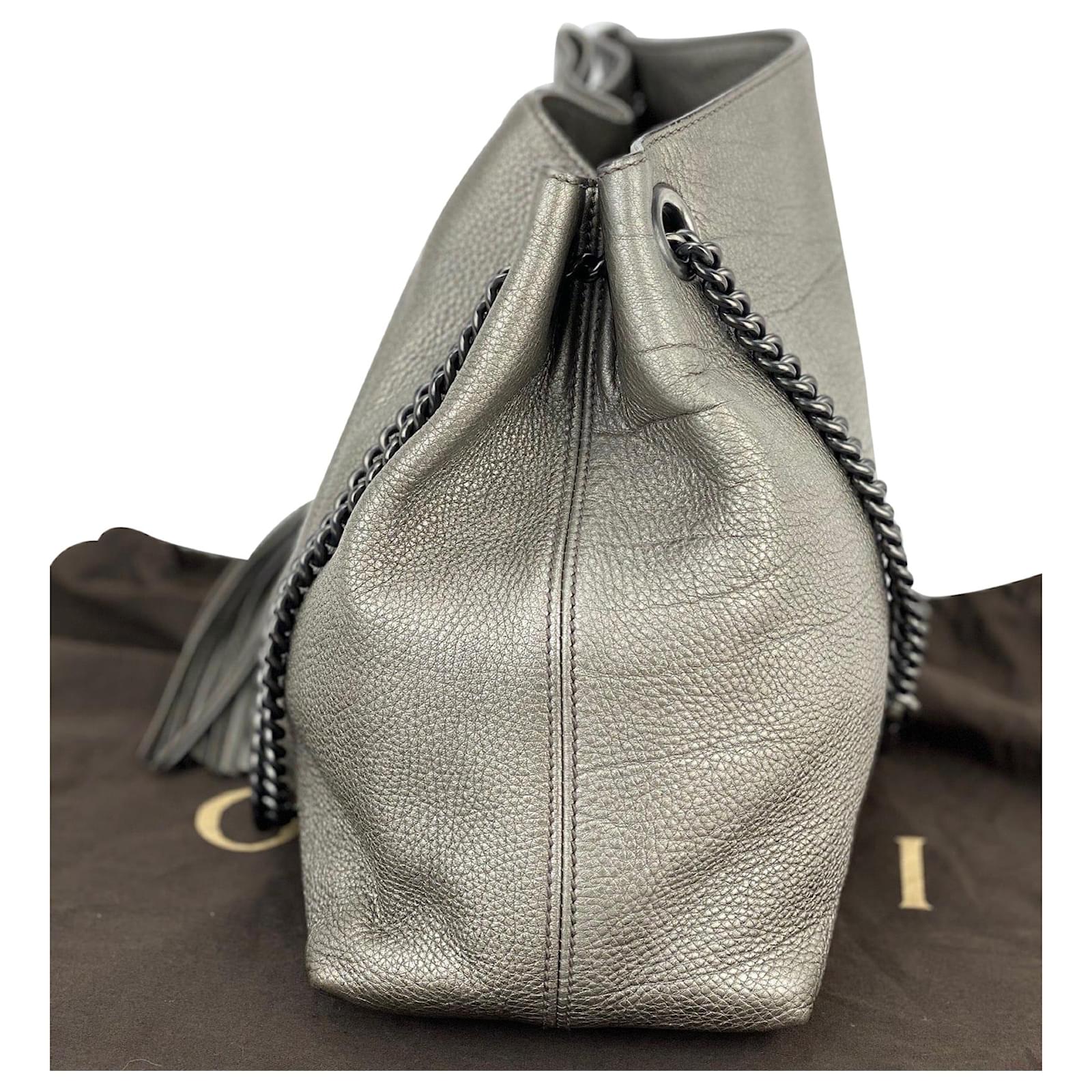 Gucci Metallic Pewter Pebbled Soho Medium Chain Tote Shoulder Hobo