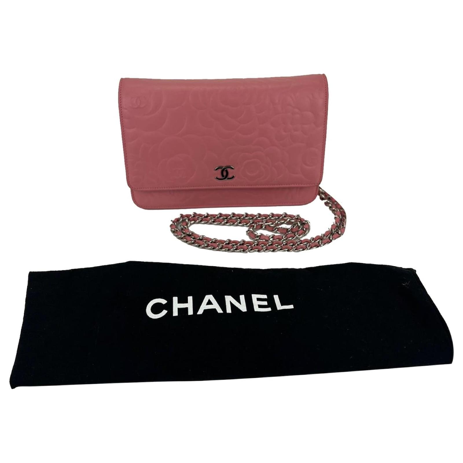 Chanel Wallet Camellia Embossed Pink Lambskin Wallet on a Chain
