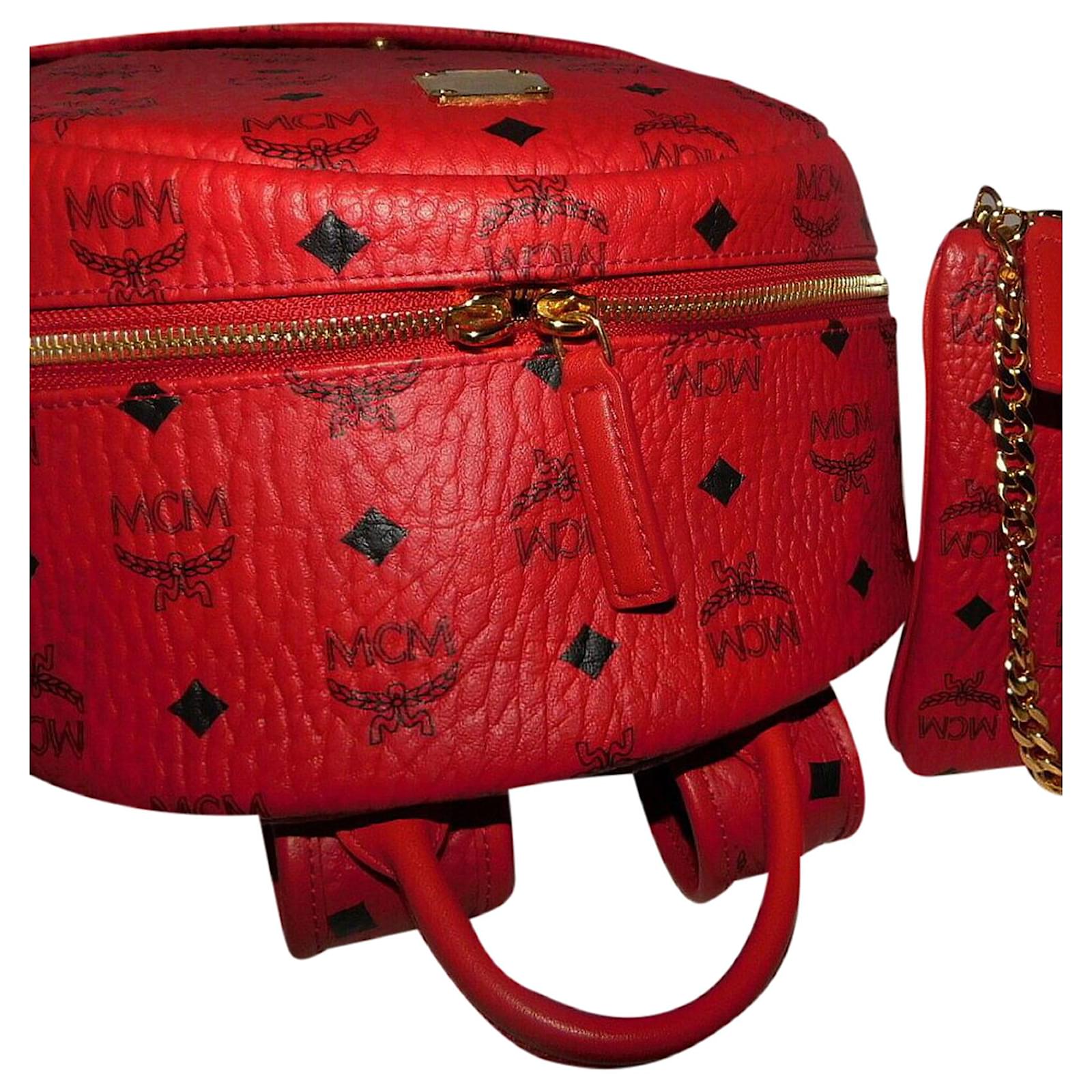 MCM Red STARK TRILOGIE Backpack and Removable Shoulder Bag Clutch