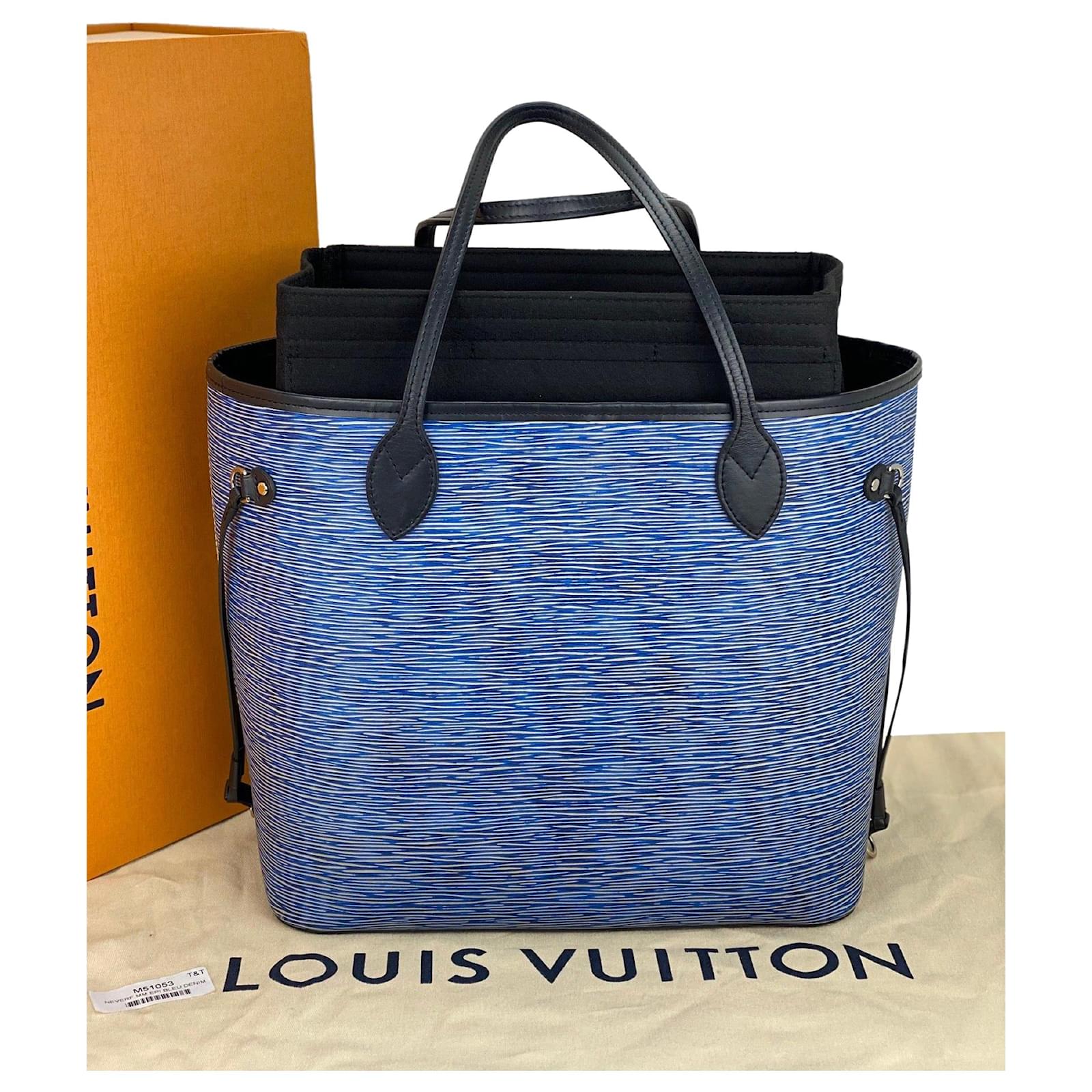 Louis Vuitton Blue Epi Denim Neverfull MM Black Leather Pony-style
