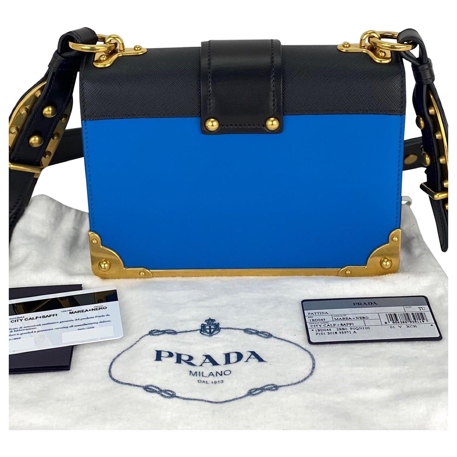 PRADA Cahier City 1BD045 Blue/Black Calfskin Saffiano Shoulder Bag