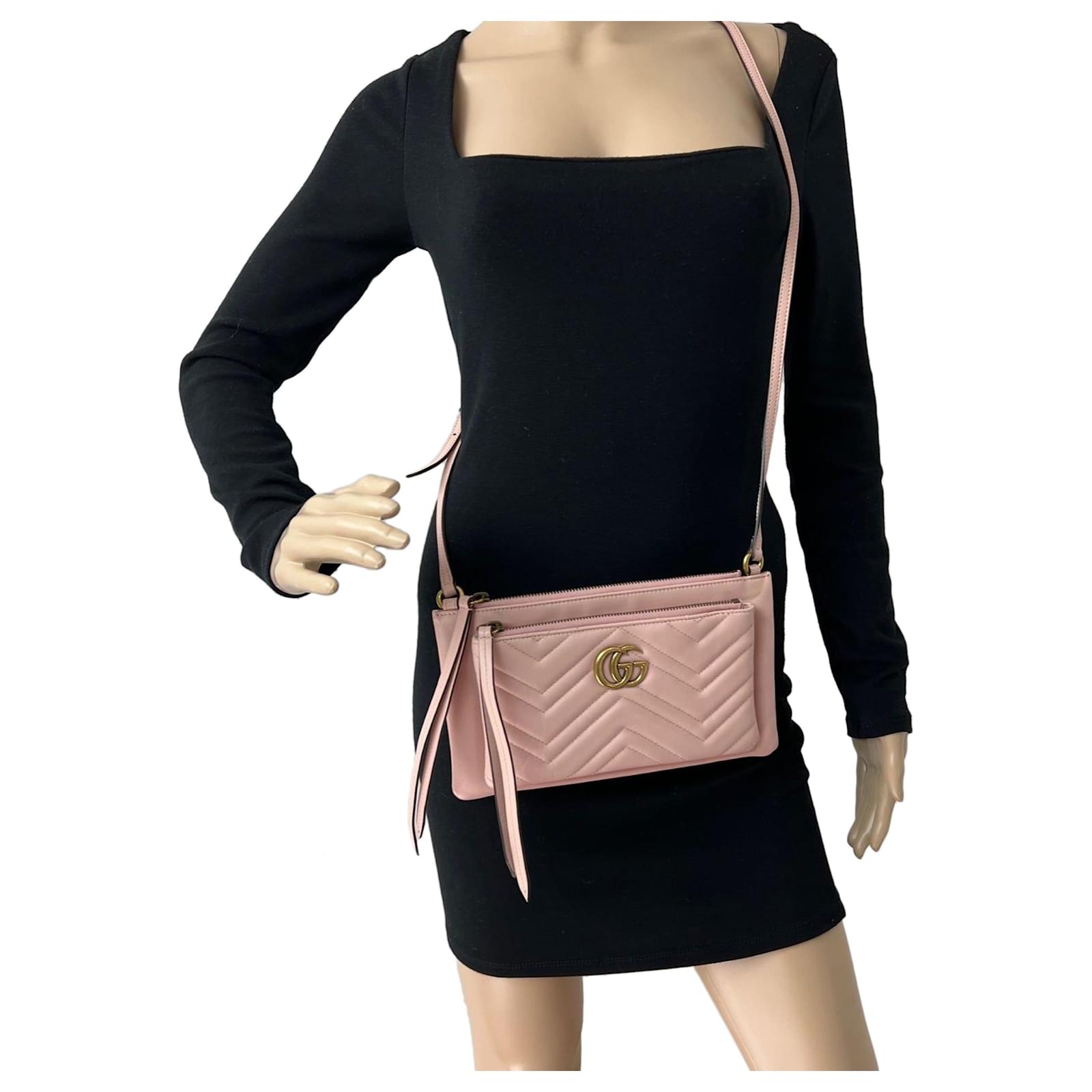 GUCCI Calfskin Matelasse Small GG Marmont Double Zip Shoulder Bag Pink –  Debsluxurycloset