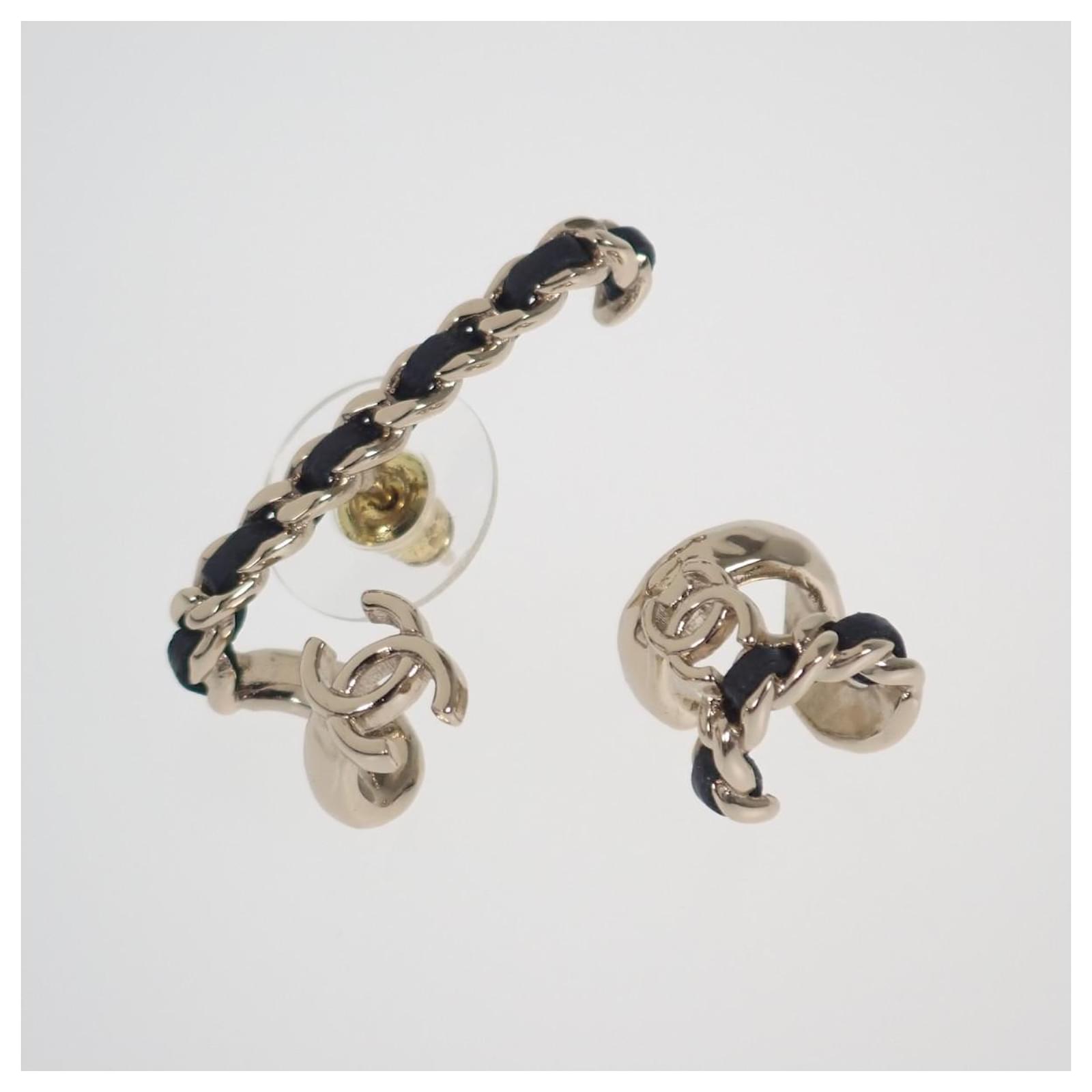 CHANEL Logo Leather Chain Earrings Ear Cuffs GP Black Gold Metal