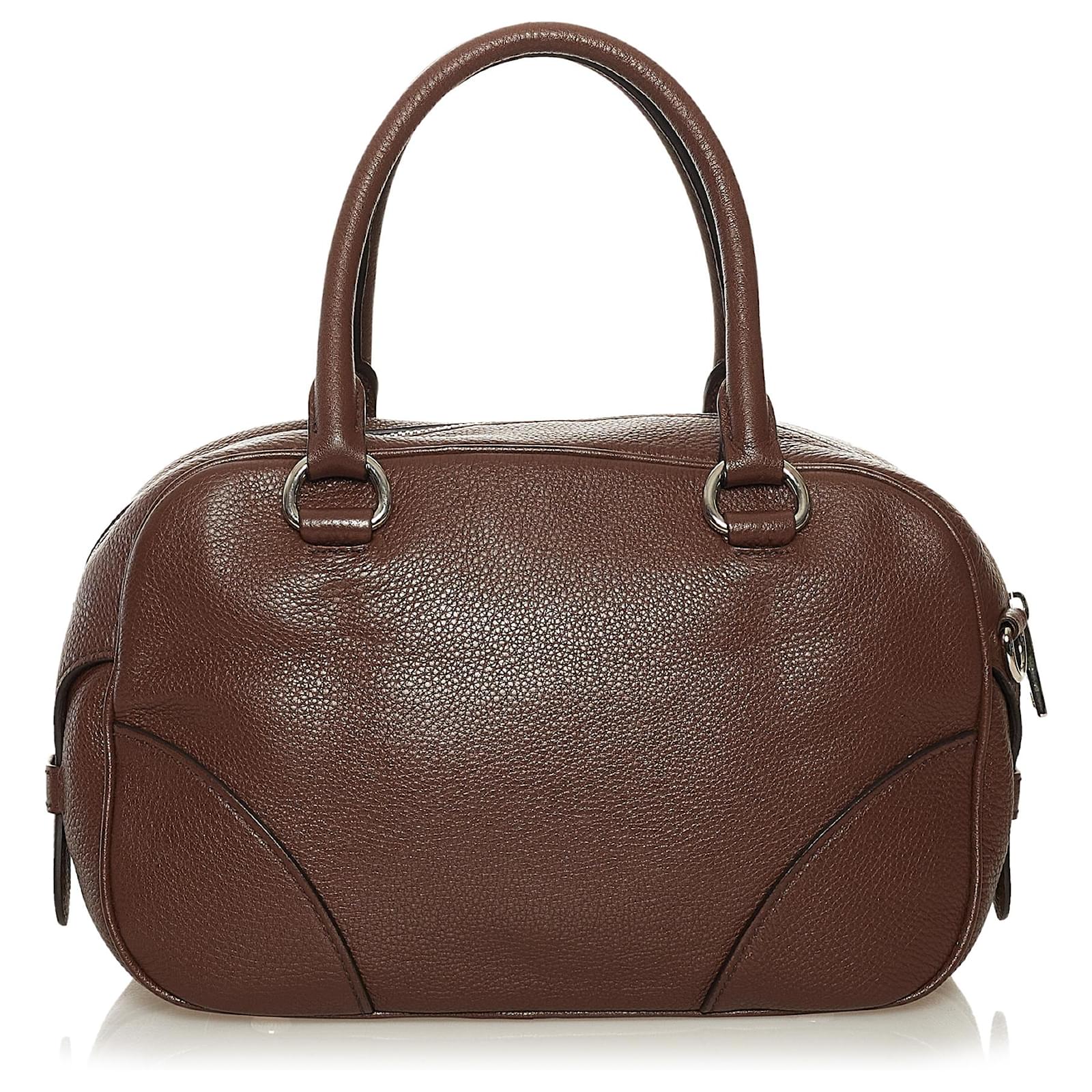 Prada Brown Vitello Daino Leather Front Zip Boston Bag