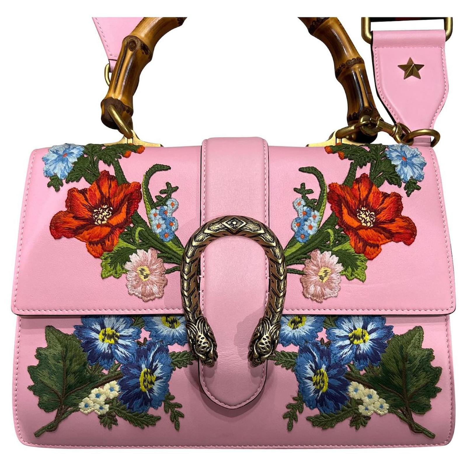 Gucci Floral-Embroidered Small Dionysus with Bamboo Handle in Pink