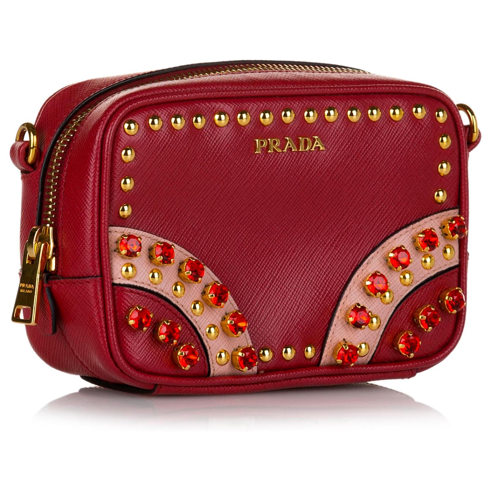 Prada Red Embellished Saffiano Vernice Mini Camera Bag Leather Pony-style  calfskin  - Joli Closet