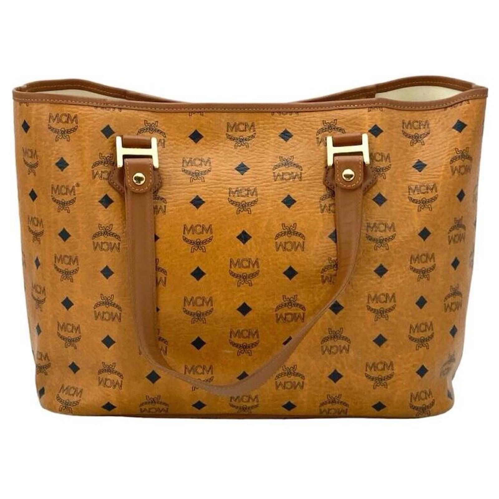 MCM Visetos Rudic Canvas Shopper Tote Bag Cognac Orange