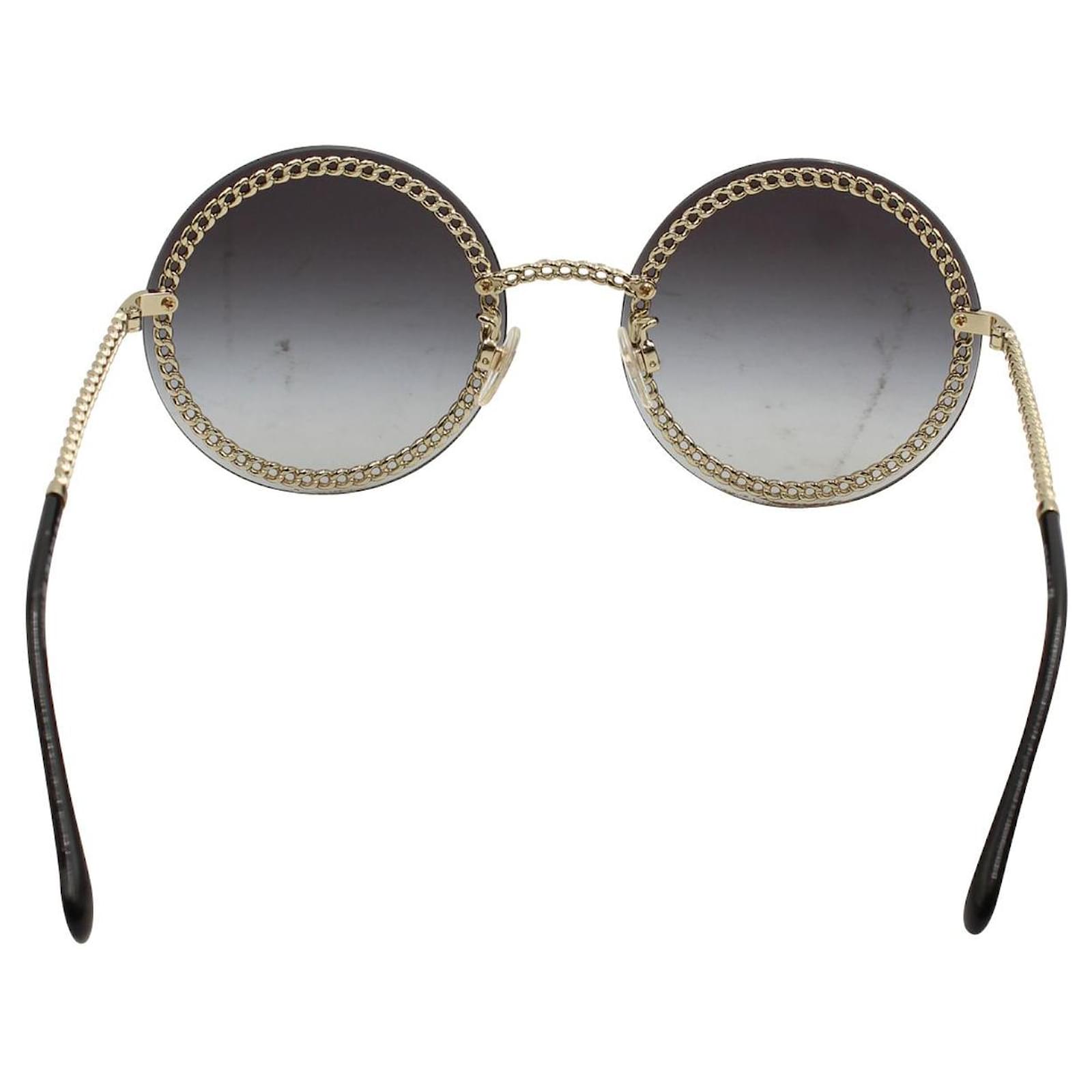 Round Sunglasses with Metal, Calfskin & Imitation Pearl Chain