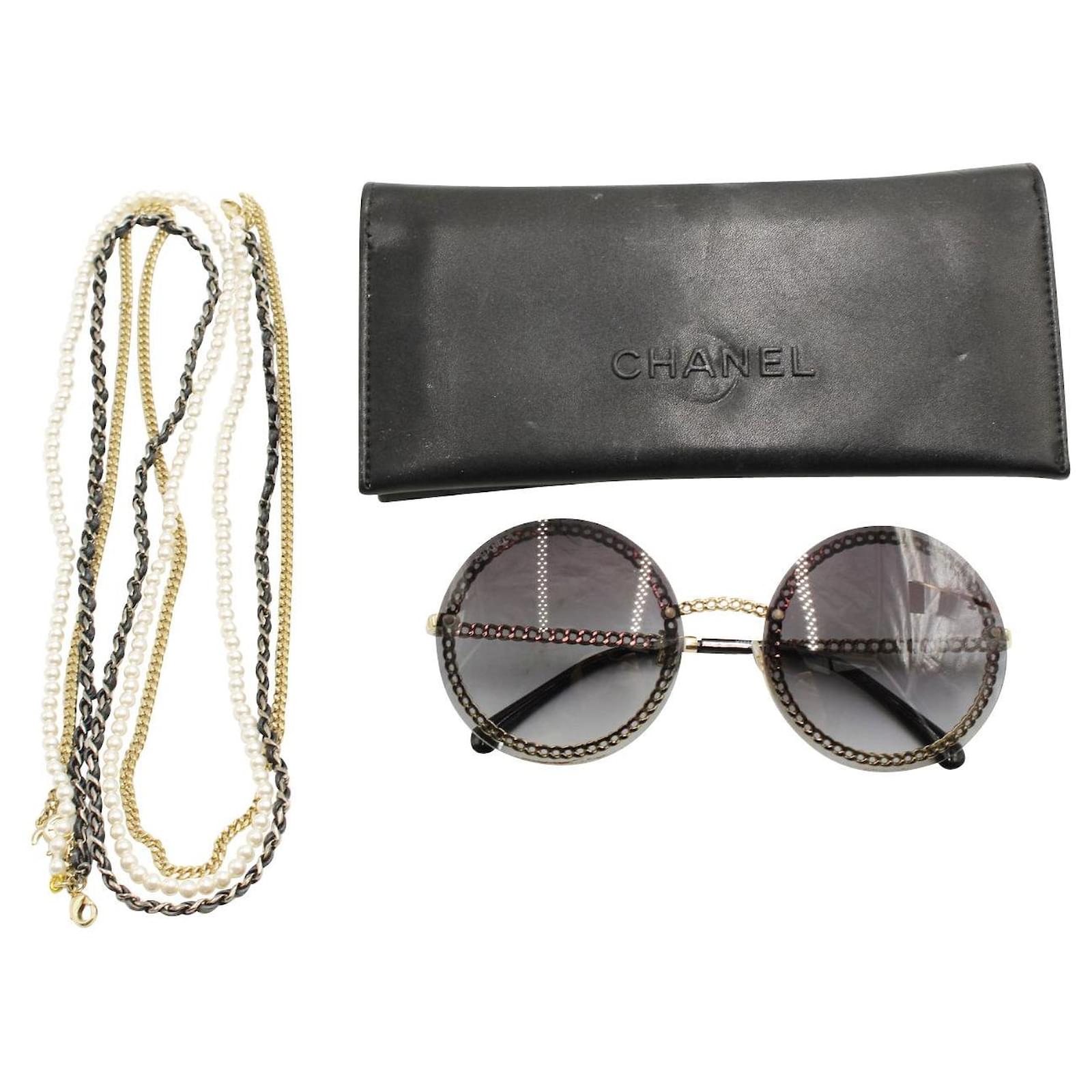 Round Sunglasses with Metal, Calfskin & Imitation Pearl Chain