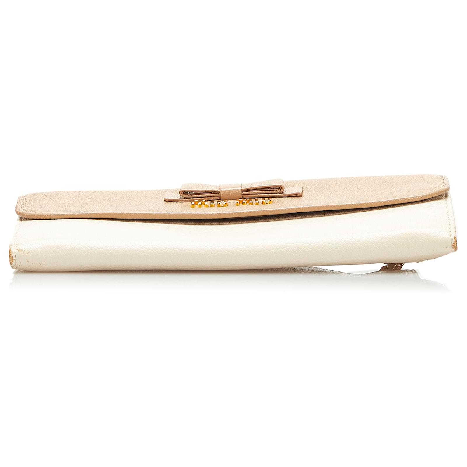 Miu Miu Brown Bicolor Ribbon Continental Leather Long Wallet Beige