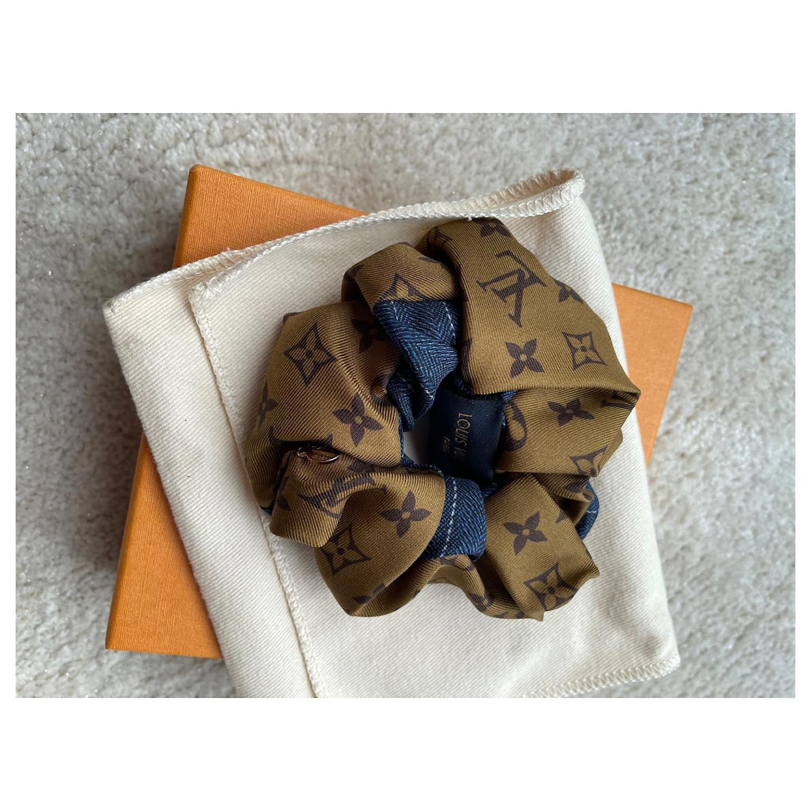 LOUIS VUITTON SCRUNCHIE HAIR ACCESSORY HAIR RIBBON BROWN DENIM