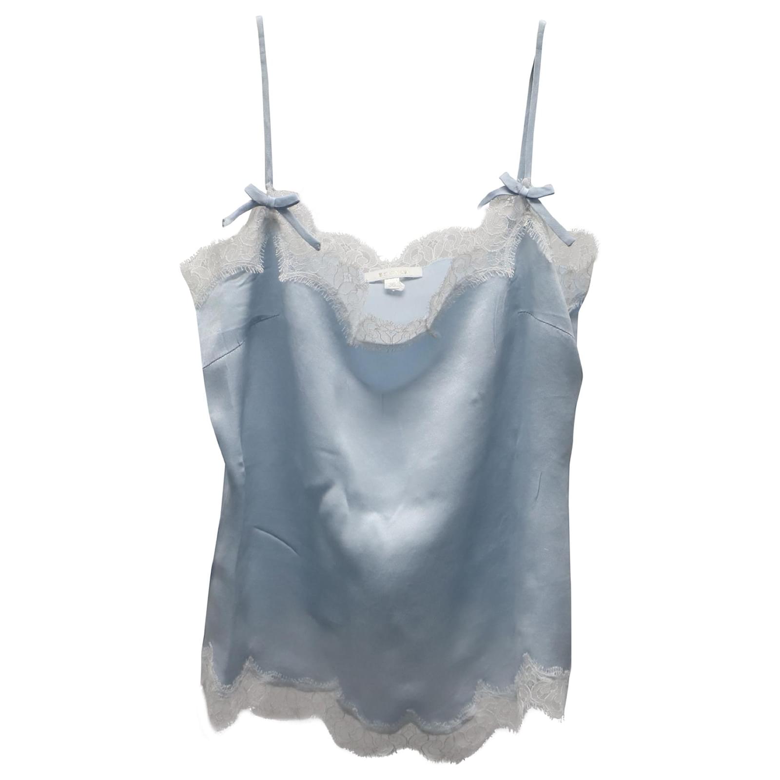 Escada Camisole with Lace Trim in Light Blue Silk ref.687544