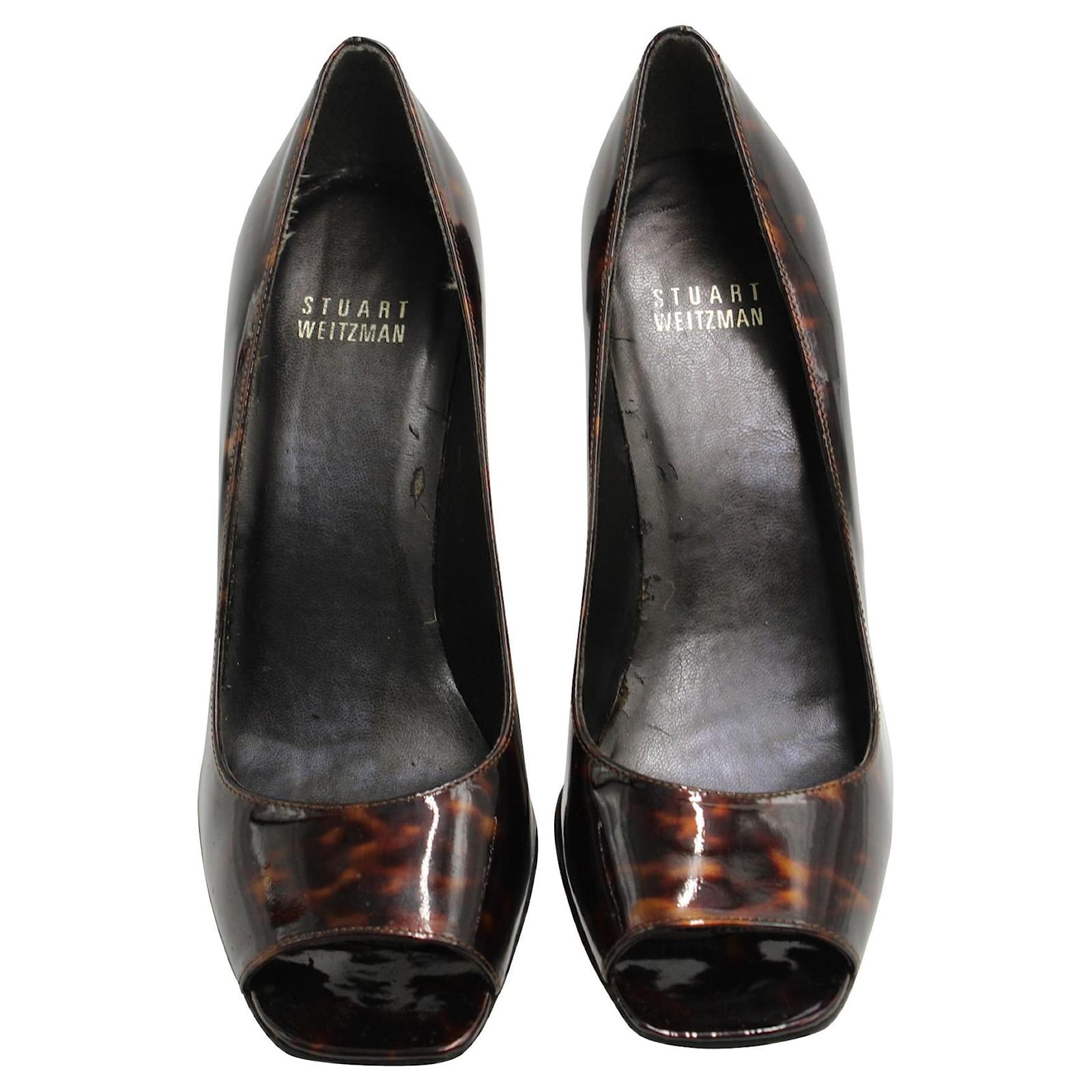 Stuart Weitzman Tortoise Shell Patent Leather Peep Toe Heels