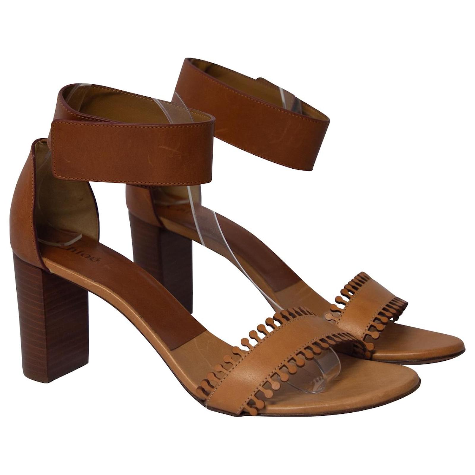 Chloé Chloe Ankle Open Toe Block Sandals in Brown Tan Leather Beige ref ...