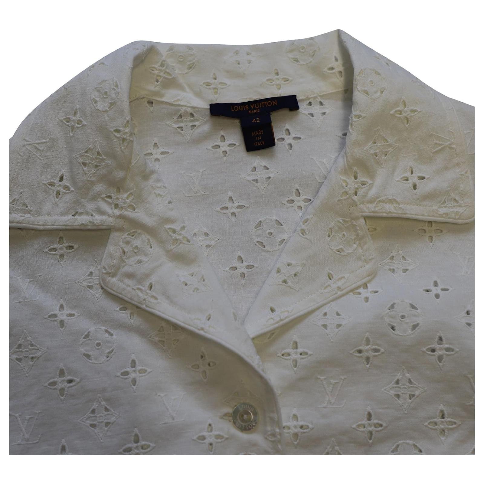 Knitwear Louis Vuitton Louis Vuitton Broderie Anglaise Monogram Pajama Shirt in White Linen