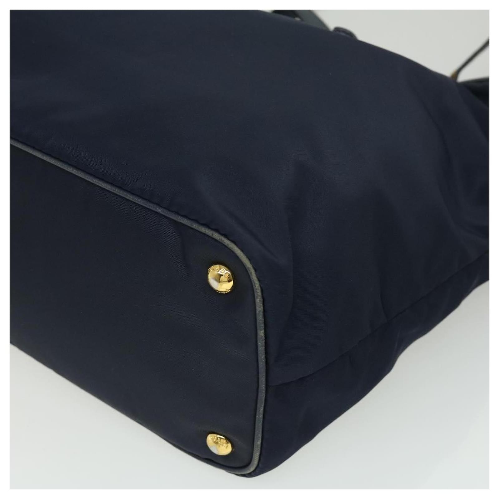 Auth PRADA Logo Tote Bag Shoulder Bag Navy Nylon Leather BR4997