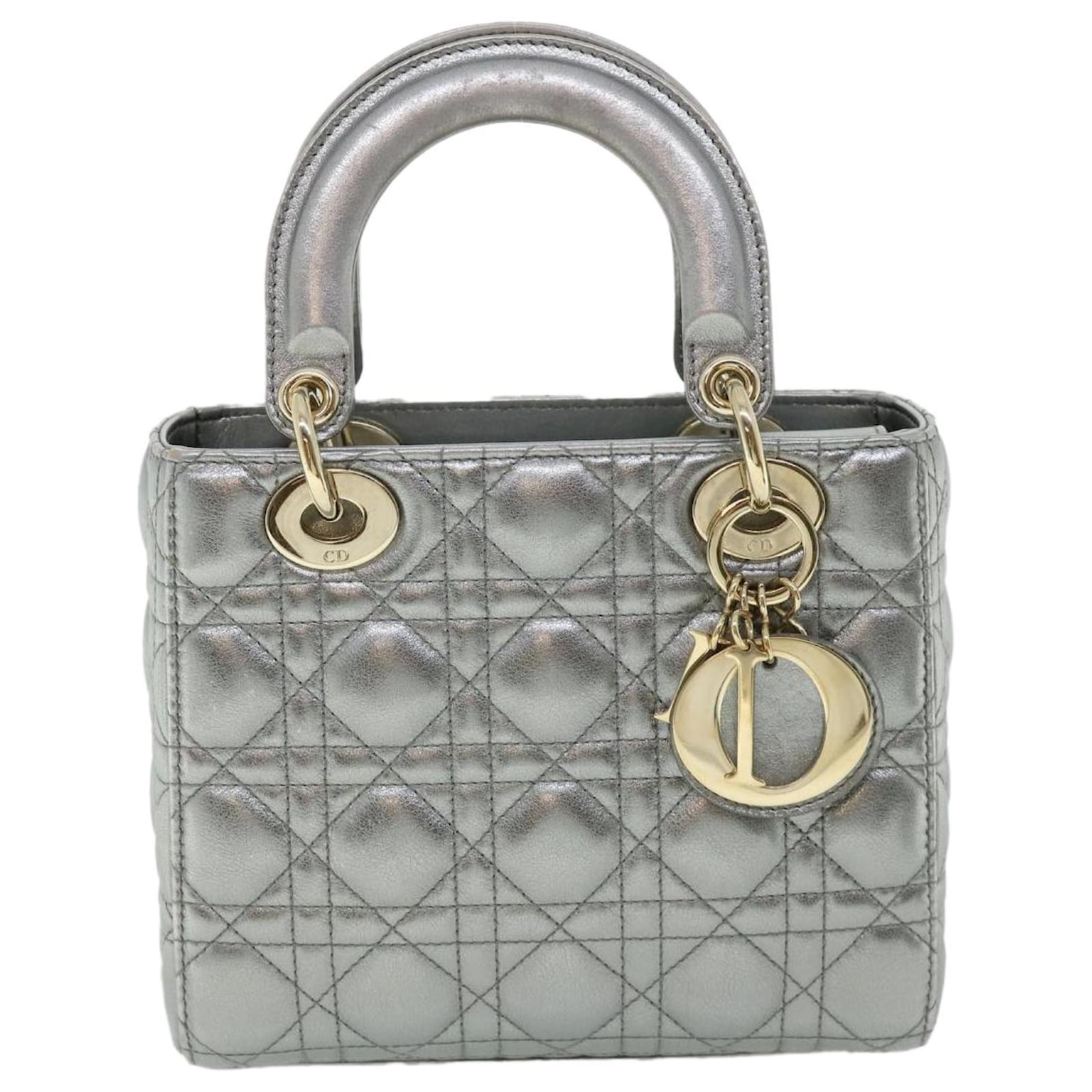 Christian Dior Lady Dior Canage Hand Bag Lamb Skin 2way Silver Auth 32627a  Silvery ref.701599 - Joli Closet