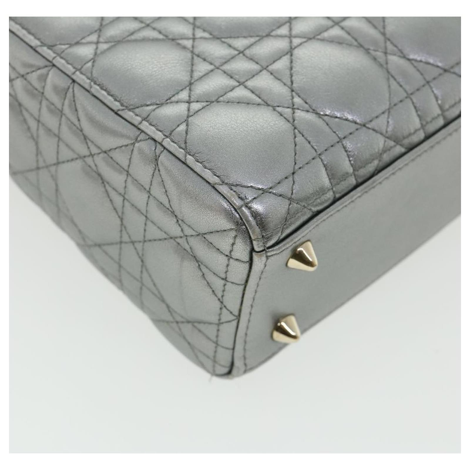Christian Dior Lady Dior Canage Hand Bag Lamb Skin 2way Silver Auth 32627a  Silvery ref.701599 - Joli Closet